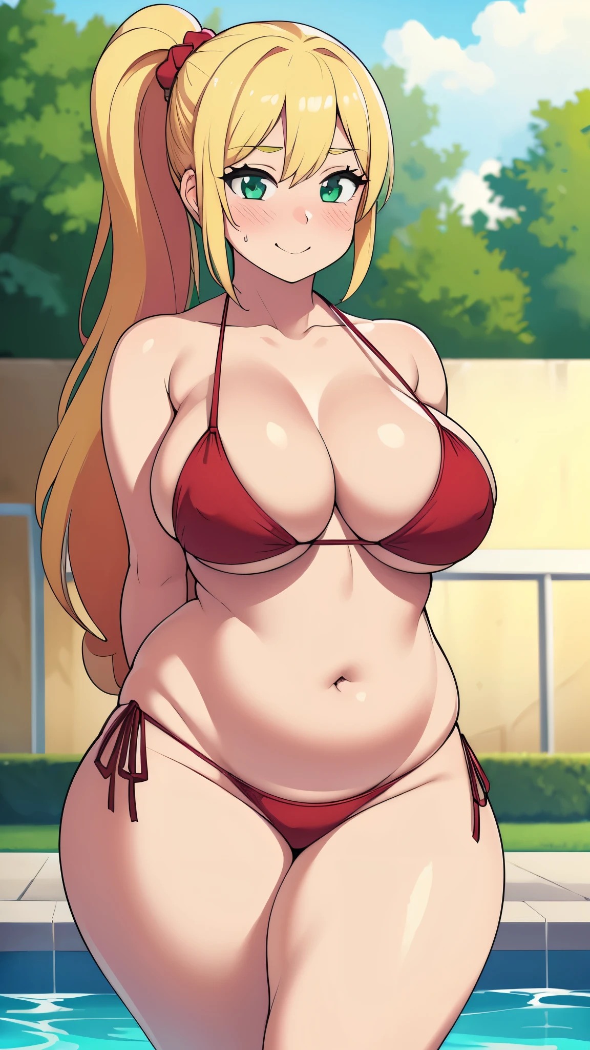Masterpiece, high quality, best quality, beautiful, HD, perfect lighting, detailed face, detailed body, ((1girl)), ((solo)), long blonde hair, ponytail, green eyes, (blush), seductive smile, looking at viewer, red bikini, side tie bikini, pool, arms behind back, large breasts, wide hips, thick thighs, chubby, chubby belly,