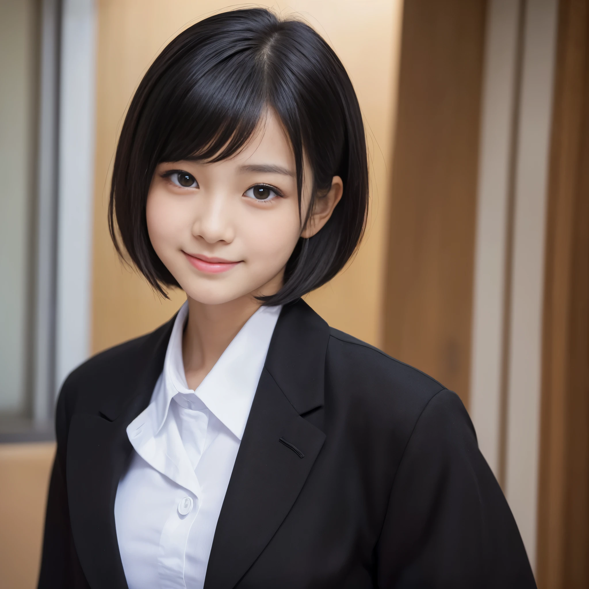 Highest quality、Figures、iPhone,Taking a selfie with a black smartphone、one person、Cute Girls、sexly、Slender、Red tie、White shirt、Navy blue exy))、Very detailed、Fine details、Slim Body、Slender、Japanese Girls、High resolution、8k、wallpaper、Perfect dynamic composition、Beautiful fine details、Short Bob Hair、Big natural color lip、大胆なsexlyポーズ、smile、Cold Stare、17-year-old girl、Cute、Lolita、Good eyesight、whole body、Pink wall、smile、
