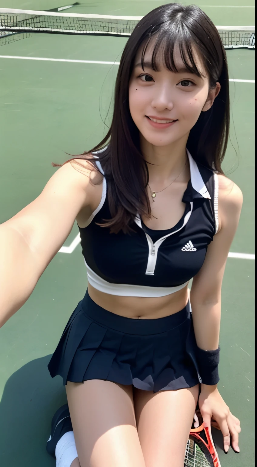 ((realistic lighting, highest quality, 8K, masterpiece, medium shot: 1.3)), clear focus: 1.2, 1 girl, perfect figure: 1.4, plump bust,((black hair)),((long hair that reaches down to the chest)),((With bangs)),(tennis wear: 1.4), in the gym changing room, locker in the background,on the yoga mat、doing physical education sitting,Moderately thin calves,exposed thighs,white ankle-length socks,white sneakers,super fine face, fine eyes, double eyelid,(white pleated mini skirt), (white polo shirt),legs open,White panties are visible,Taking a selfie with a black smartphone in his right hand,Your face is hidden by your smartphone