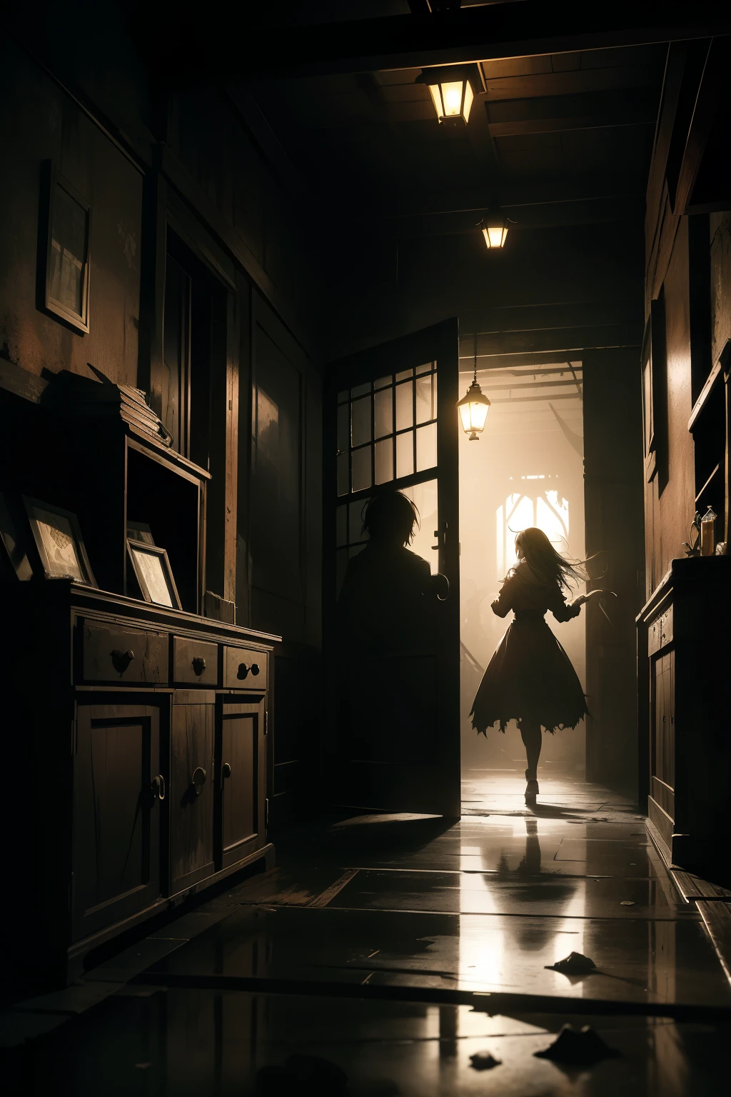 Climbing through the hulking, rusted door, Jack and Lisa entered a room swallowed by decades of dust and cobwebs. Large, ominous shadows danced upon the crumbling walls, their reflections casting an eerie glow upon the forsaken furniture. As their eyes adjusted to the dimly lit chamber, their gazes melded with the cacophony of creaks and whispers that echoed through the desolation. The stillness of the night grew more ominous and atmospheric with each passing second.
The symphony of forest creatures filtering through the hut's cracked floors added to the unease, while the solitary lantern cast bizarre shadows,