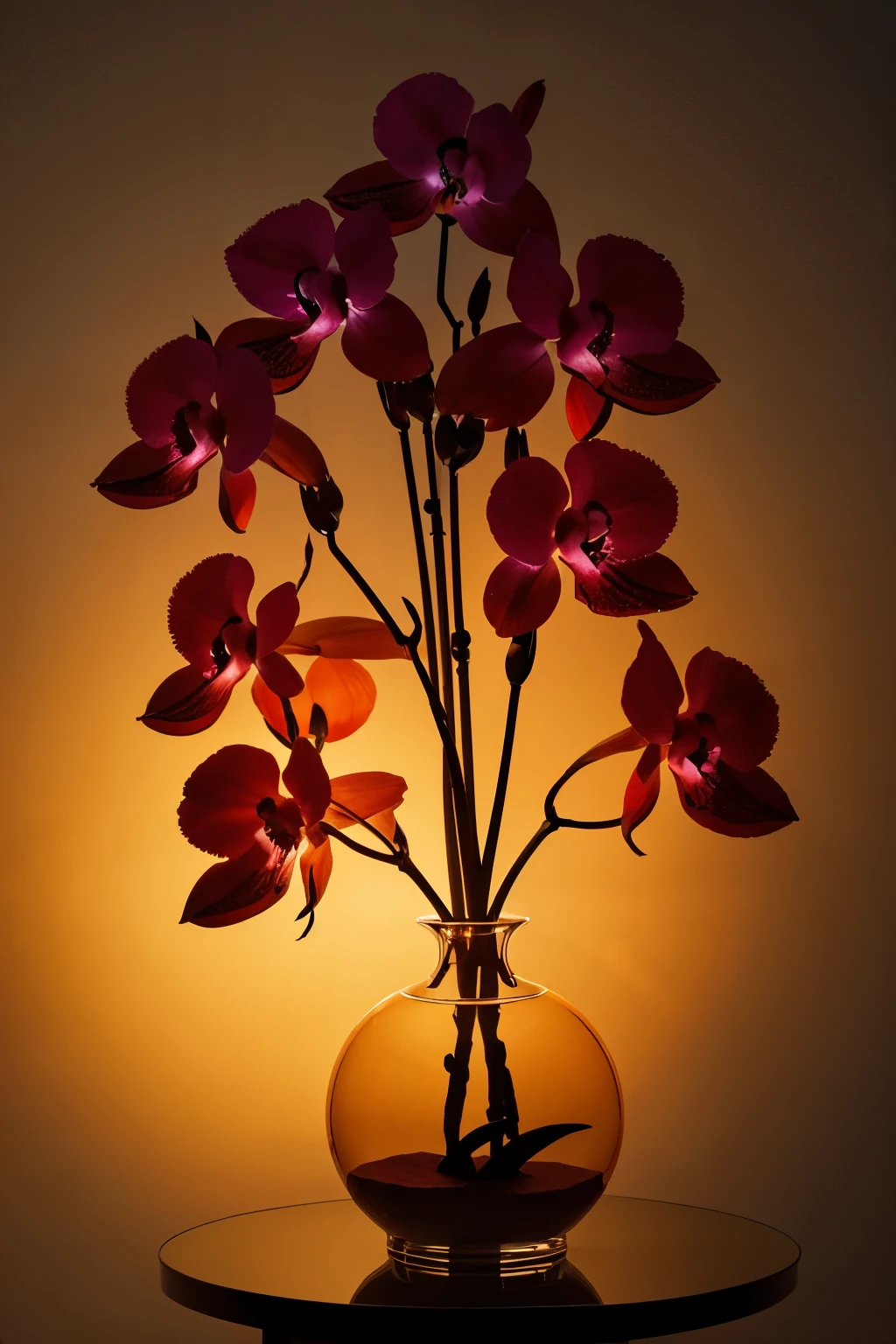a vase of red orchids attached to a transparent stylized glass tree and emits an orange luminescence in a low light environment.
