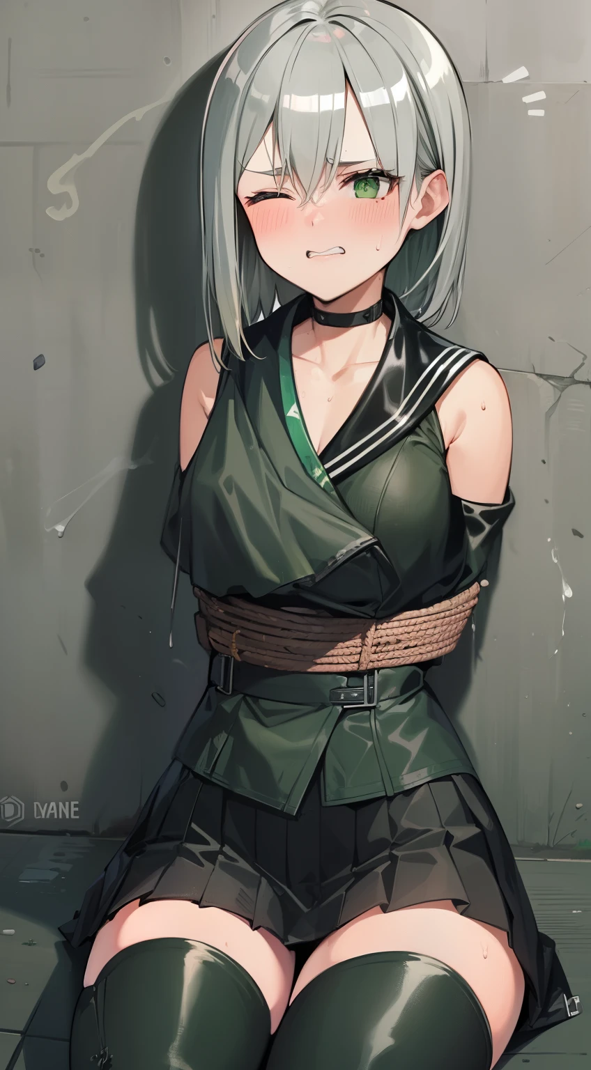 ((((hands tied behind)))), ((turn your arms behind your back)), brown rope, bondage, ((grit your teeth)), ((((close one eye)))), ((it hurts)), (((frown))), frown, (((Sweat))), blush, origen, 1 girl, alone, skirt, それはit hurts, blush, black thighs, The same thigh, (wariza), ((sitting on the floor)), light green eyes, concrete floor, concrete wall, undergroundで, underground, indoors, blush, black skirt, gloves, looking at the viewer, (黒のskirt), green coat, hair between eyes, black stockings, bangs, short hair, surreal, very detailed, detailed face, very detailedテクスチャ, clavicle,