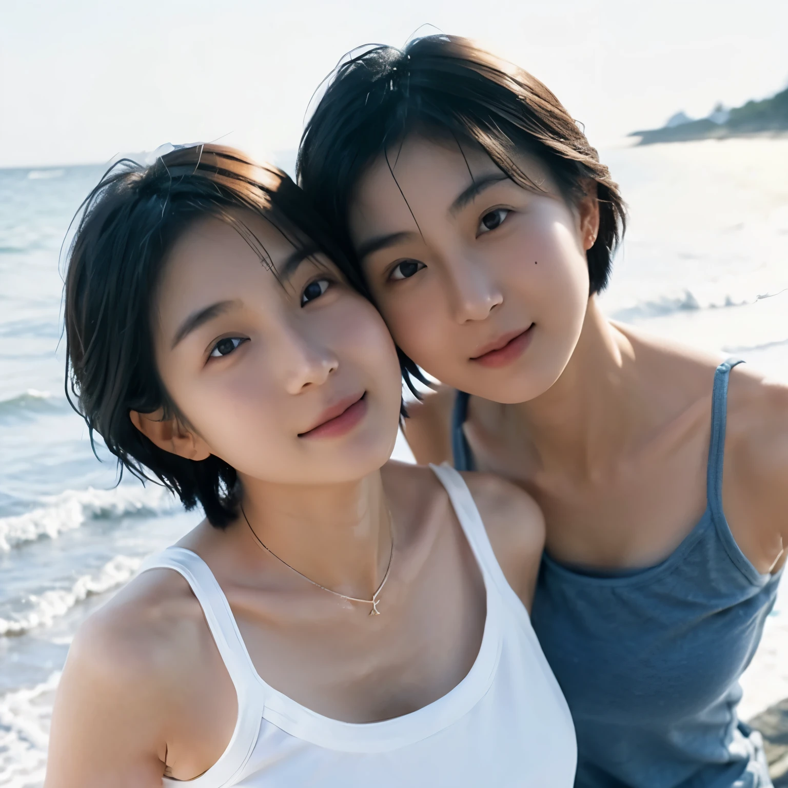 Identical twin sisters, Japan person, 18 years old, photorealistic, beautiful and detailed face, viewer, simple background, solo, sea, bikini, small breasts, tank top. sunny, summer vacation, beach, (short hair, wet), smile, movie lighting, movie, Japan drama, (necklace), earrings