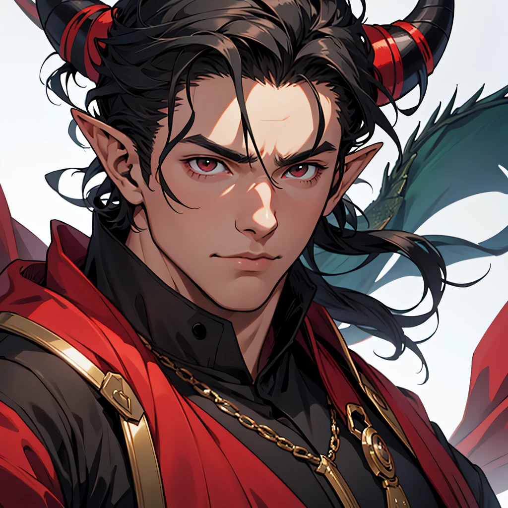 anime, masterpiece, best quality, by professional artist, male, solo, portrait, detailed composition, detailed eyes, white background, short black quiff hair, dragon horns, wearing red and black medieval armor, elf, black eyes