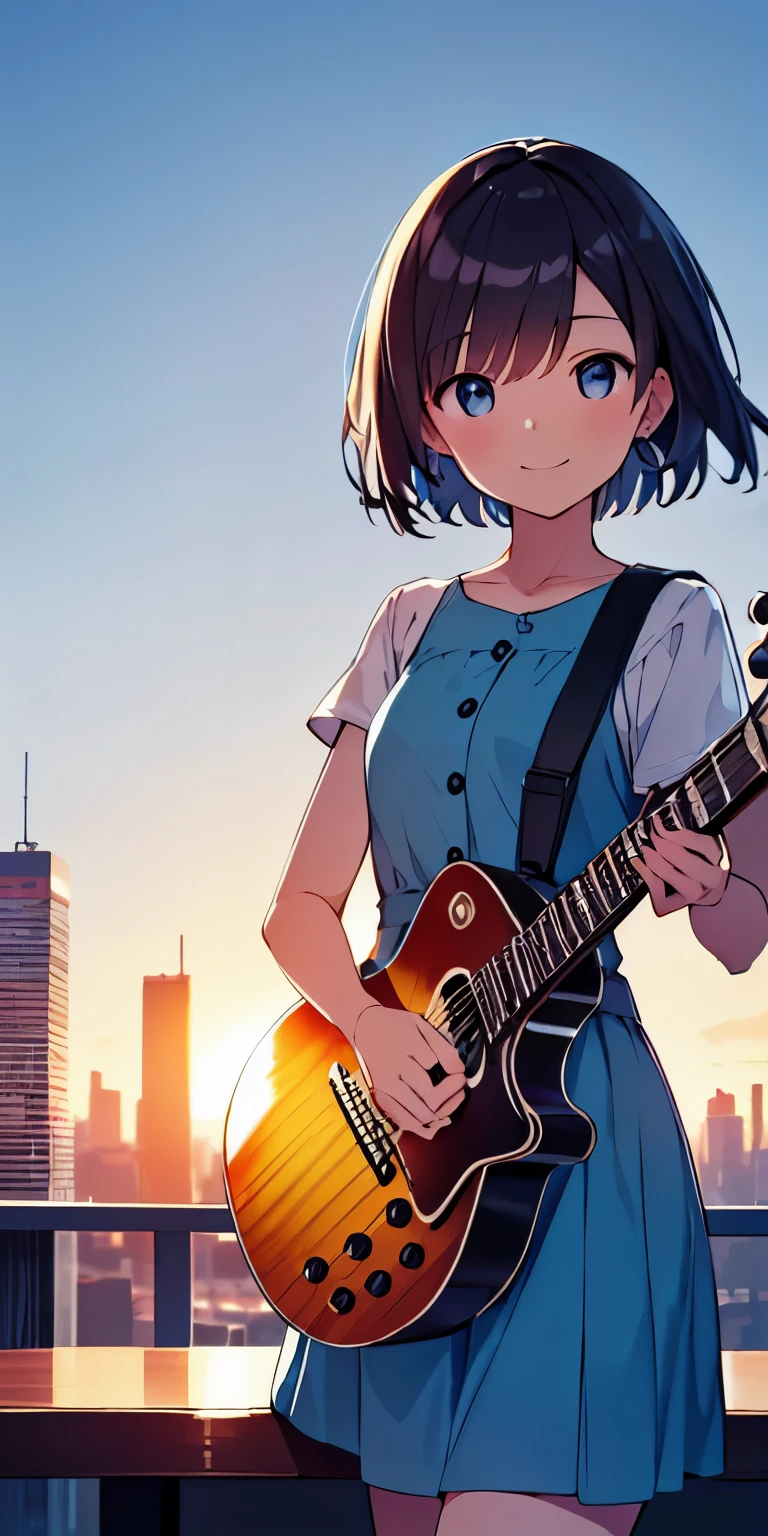 table top, highest quality,figure, wallpaper, ultra detail, absurd, 16 year old girl, alone, (medium short hair、play the guitar、Smile、Overlooking the city from the top of the hill、It's beautiful just before the sun goes down