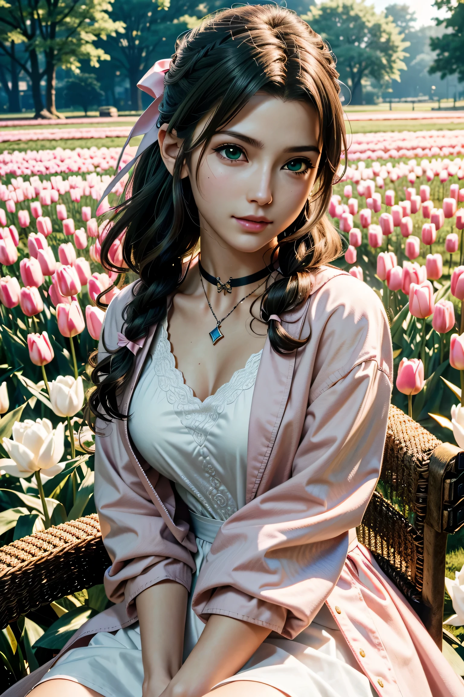 (masterpiece, 最high quality)
Air FF7, 1 girl, alone, long hair, bangs, brown hair, dress, bow, ribbon, jewelry, closed mouth, green eyes, red jacket, hair ピンクribbon, Upper body, Braid, hair bow, side lock, choker, necklace, lips, parted bangs, pink bow, portrait, ピンクdress, realistic,Super high quality,high quality,masterpiece,digital single lens reflex,Detailed details,exquisite details,based on anatomical basis,depicted in detail,detailed face,realistic skin texture,vivid details,perfect anatomy,perfect anatomy,anatomically correct hand,anatomically correct fingers,Super detailed,Complex 3D rendering,Huge ,sexy pose,The beautiful world of Final Fantasy 7,The morning sun is beautiful,Amazing blue sky,beautiful tulip field,mysterious tulip field,beauty like a painting,Take a full body photo,nine heads and bodies,pink lip,emphasize the beautiful whole body,beautiful nails,lazy smile,