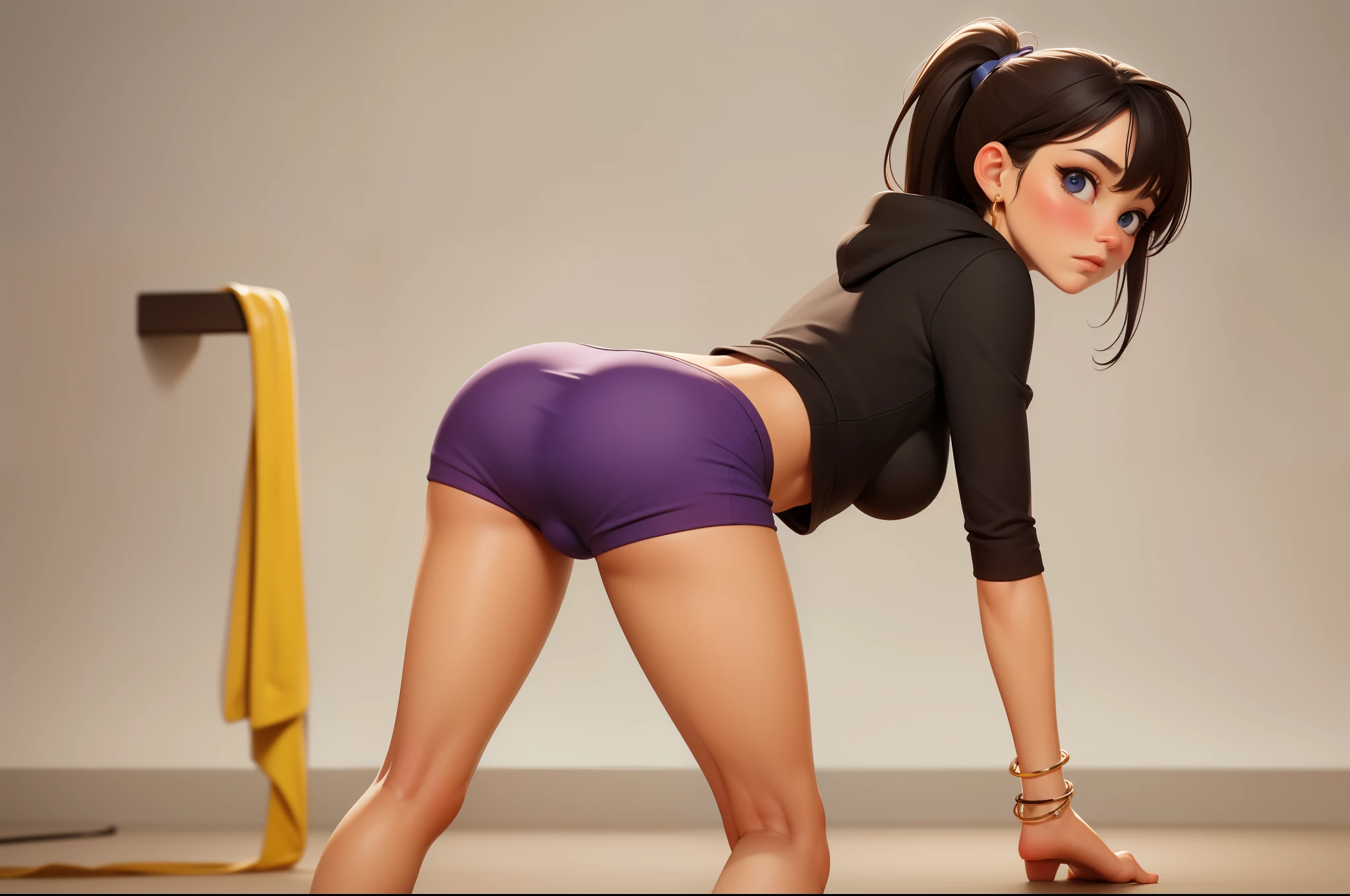 slim soft body, long brown hair with purple highlights, ponytail, blue eyes, blush, black eyeliner, panties, crop top hoodie, medium size breasts, bracelet, gold necklace, seductive eyes, gorgeous, bending over, looking back at viewer