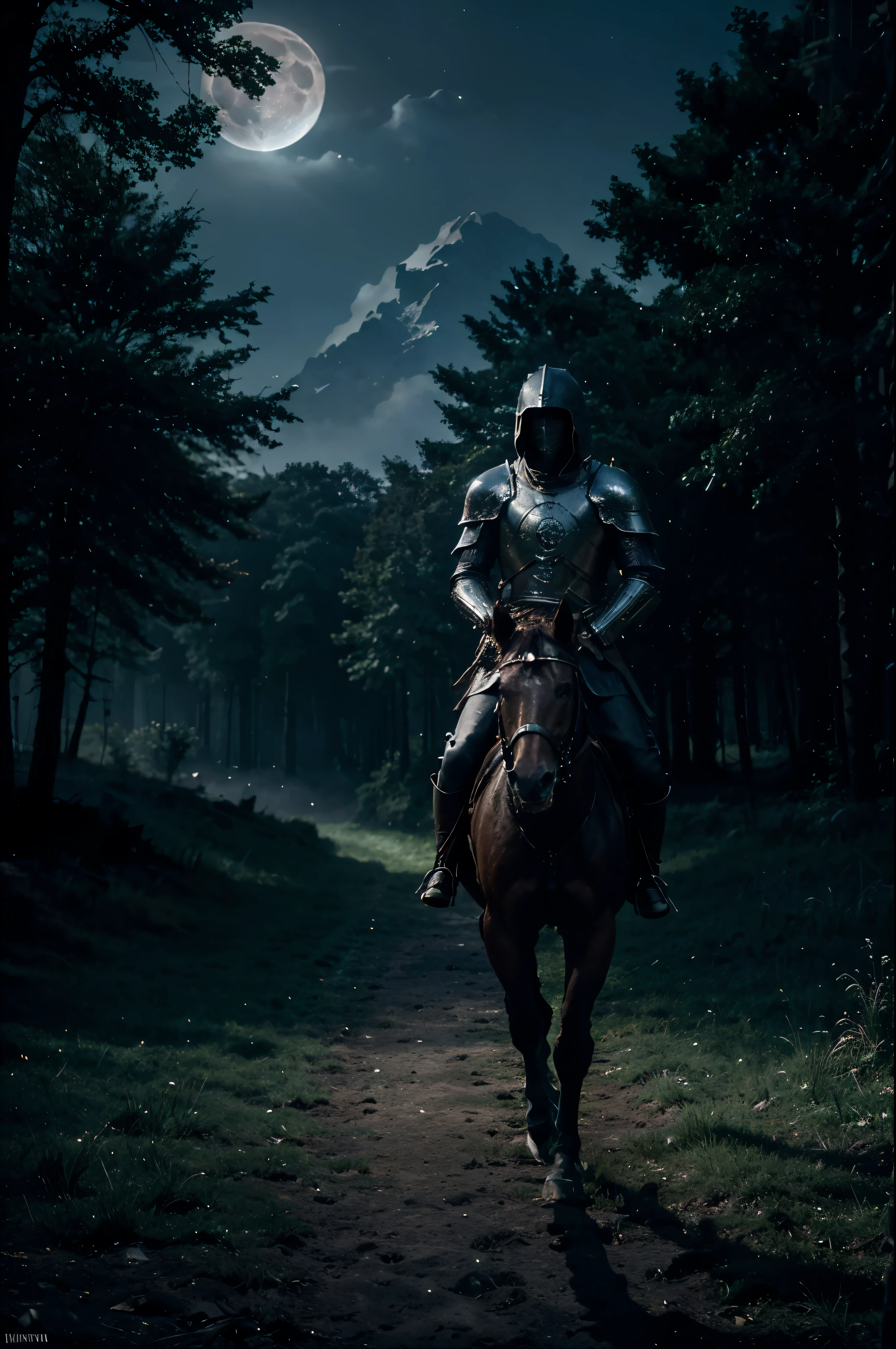 (High accuracy:1.2),Cinematic image,Knight riding a horse,Shining armor,cloak,Dark forest,Blood moon,bright colors,Misty atmosphere,Moonlight casts shadows,Dense vegetation,Old trees,An ominous presence,Quiet night,Horse running,Heroic stance,Serious expression,Proud and determined,Medieval fantasy setting,Moonlit sky,Ethereal glow,Enchanted world,Adventurous spirit,A legendary journey,Keep an eye on the warrior,Mysterious aura,The sword is raised high,Moon reflection on the shield,A moonlit path leads to the unknown,Dangerous surroundings,Almighty Mashhad,The glow of the moon is eerie,Amazed by the moon's gravity,Gallant valor,Breathtaking view,An other worldly experience