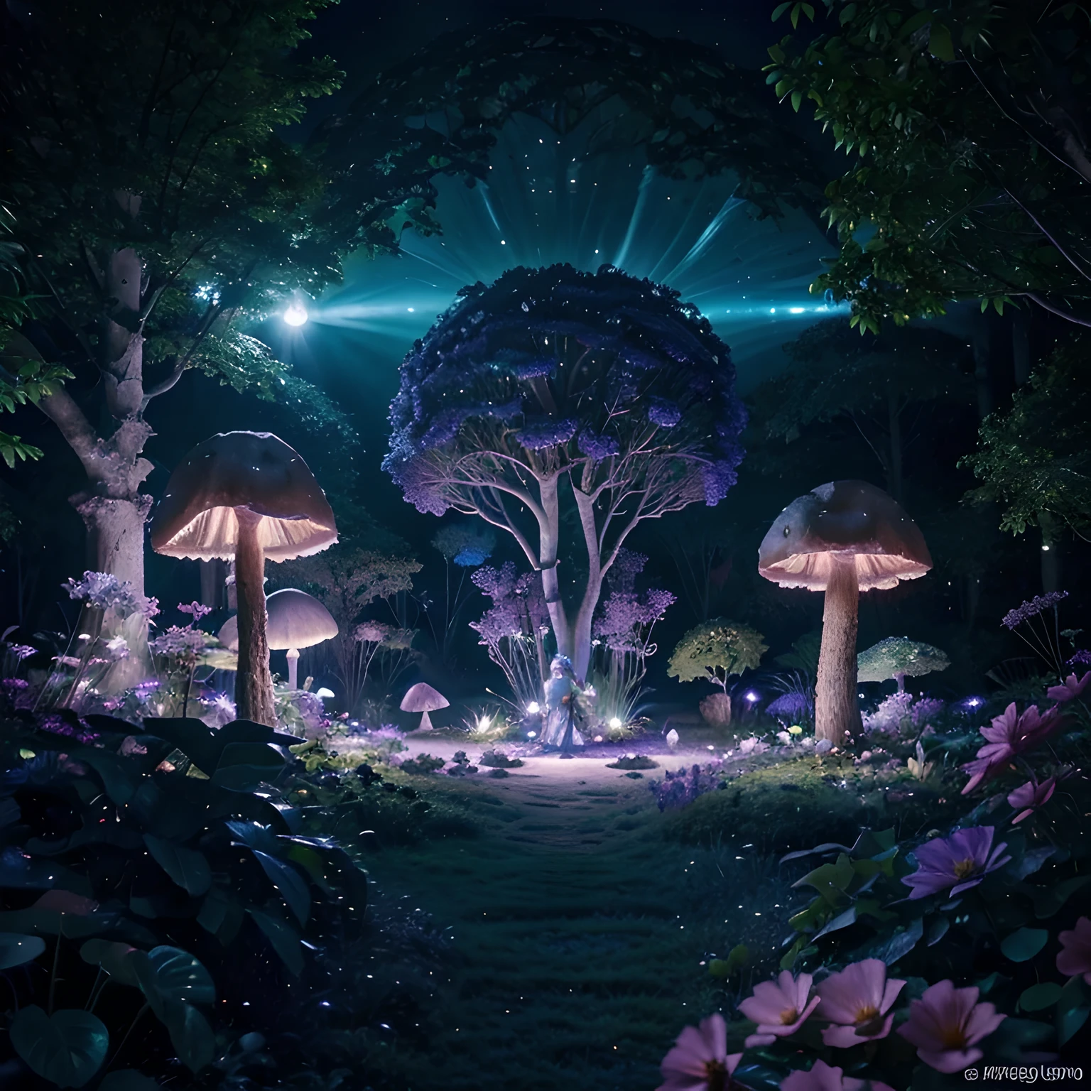 lush plantlife, real, detailed, 8k, high quality, an enchanting and dreamy scene of fantasy/alien forest, glowing mushrooms, creating a sense of mystique and enchantment, award winning photography, lots of blues and purples, bioluminescence, garden, water, flowers, depth of field photorealist, crystals