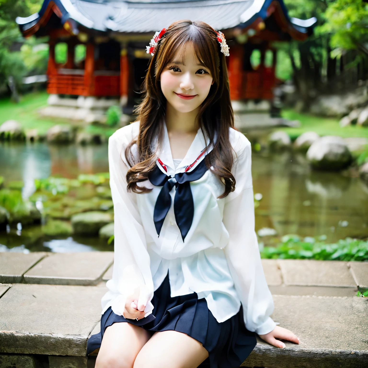 masterpiece, highest quality, High resolution, 1 girl, Honoka, Miko, same as skirt, sitting, shrine, smile