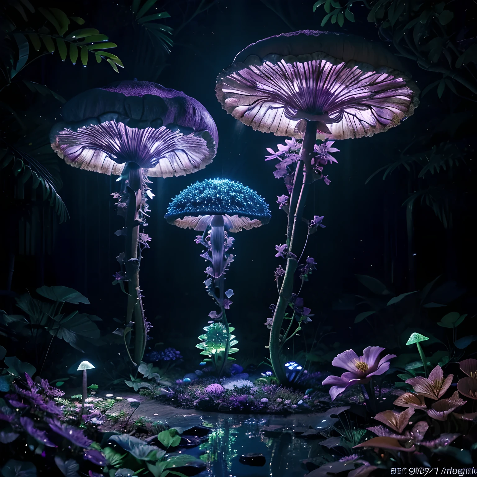 lush plantlife, real, detailed, 8k, high quality, an enchanting and dreamy scene of fantasy/alien forest, glowing mushrooms, creating a sense of mystique and enchantment, award winning photography, lots of blues and purples, bioluminescence, garden, water, flowers, depth of field photorealist, crystals