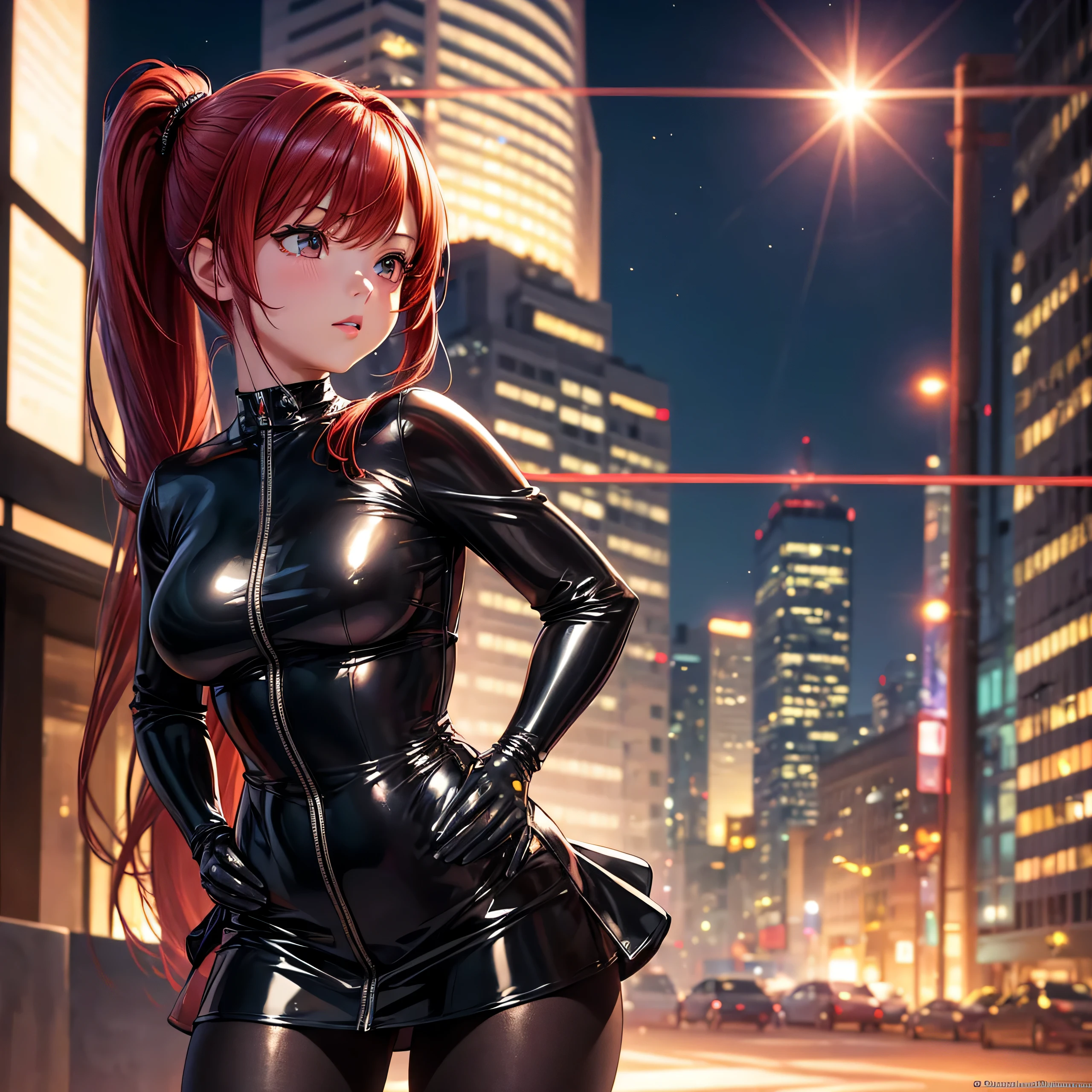 (RAW Photo, Best Quality), (Realistic, Photo Realistic: 1.3), Best Quality, Highly Detailed, Masterpiece, Hyperdetail, Illustration, 1 Girl, upper_body, Dynamic Angle, World Masterpiece Theater, Ore no Imoto ga konna ni kawaii wake ga nai, 25-yers-old girl with crimson red hair- pulled up into twin ponytails, wearing a latex mini dress with the city lights in the background sexy pose, standing, hands on hips, Best Quality, Extremely Detailed CG Unified 8k Wallpaper, Ink, Amazing, Cinematic Lighting, lens flare, sexy pose, holding a bondage rope in her hand