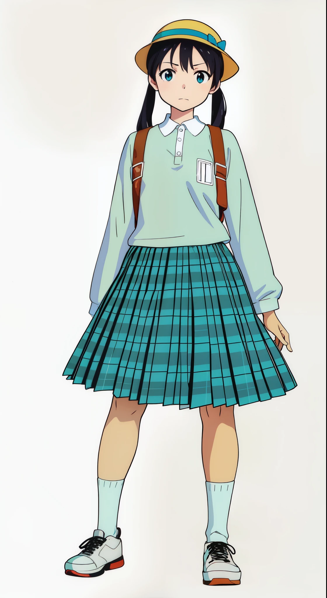 (white background:1.0), (best quality:1.0), (masterpiece:1.0), (super fine illustration:1.0), (beautiful artwork:1.0), (anime screencap:1.0), (official art:1.0), (full body:1.0), (solo:1.0), (ESGA:1.0), (a cute girl:1.25), (yellow hat:1.0), (red backpack:1.0), (long skirt:1.0), (green tartan skirt:1.0), (pleated skirt:1.0), (aqua blue polo shirt:1.0), (long sleeve polo shirt:1.0), (sneakers:1.0), (white socks:1.0), (ideal ratio body proportions:1.25), (lanky:1.25), (tall:1.25), (slender:1.25), (small breasts:1.25), (smaller face:1.25), (tareme:1.0), (detailed beautiful eyes:1.25), (detailed beautiful face:1.25), (glowing black eyes:1.0), (short hair:1.0), (low twintails:1.0), (black hair:1.0), (standing:1.0), (looking at viewer:1.0)