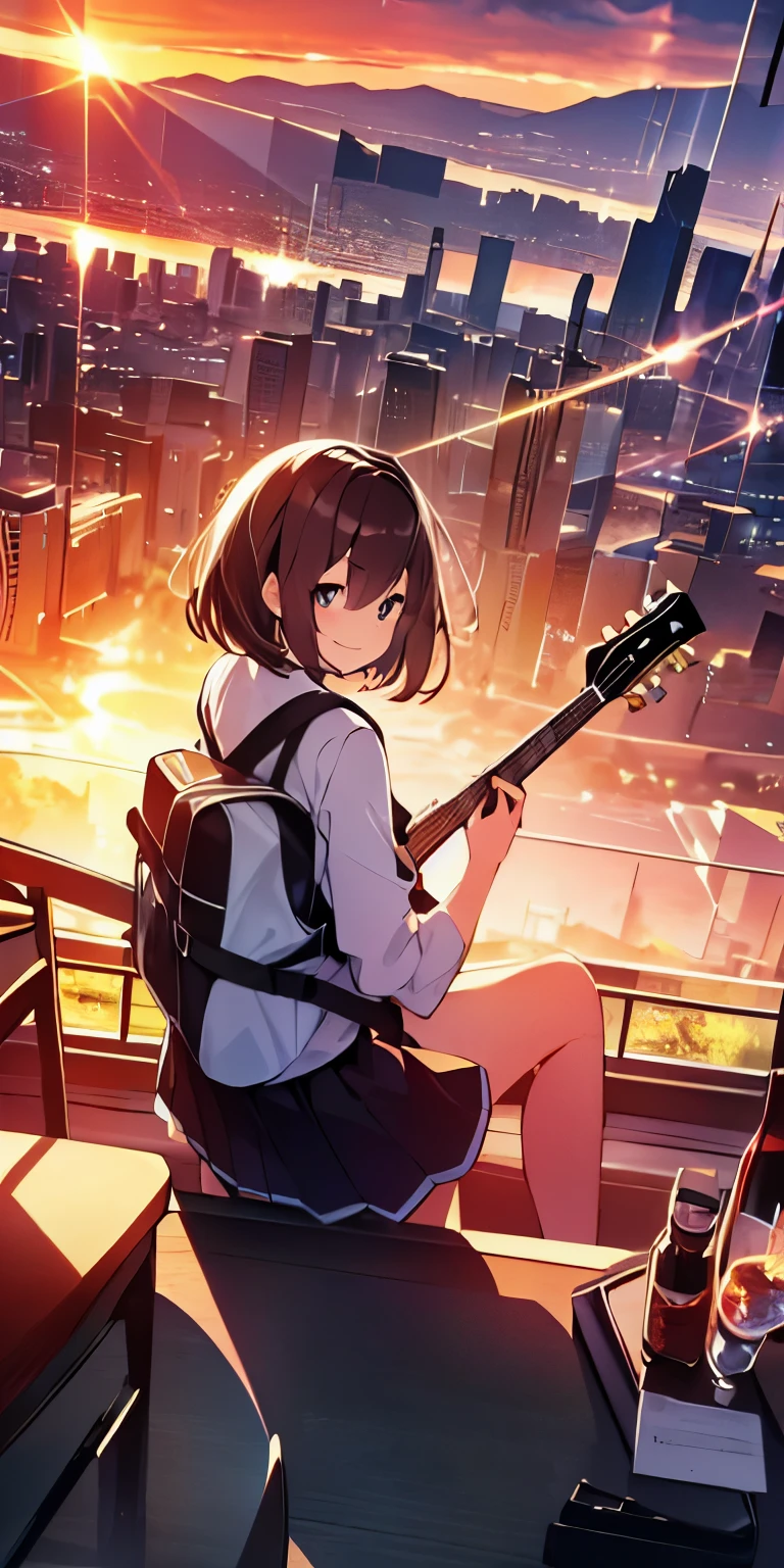 table top, highest quality,figure, wallpaper, ultra detail, absurd, 16 year old girl, alone, (medium short hair、play the guitar、Smile、Overlooking the city from the top of the hill、the sunset is beautiful