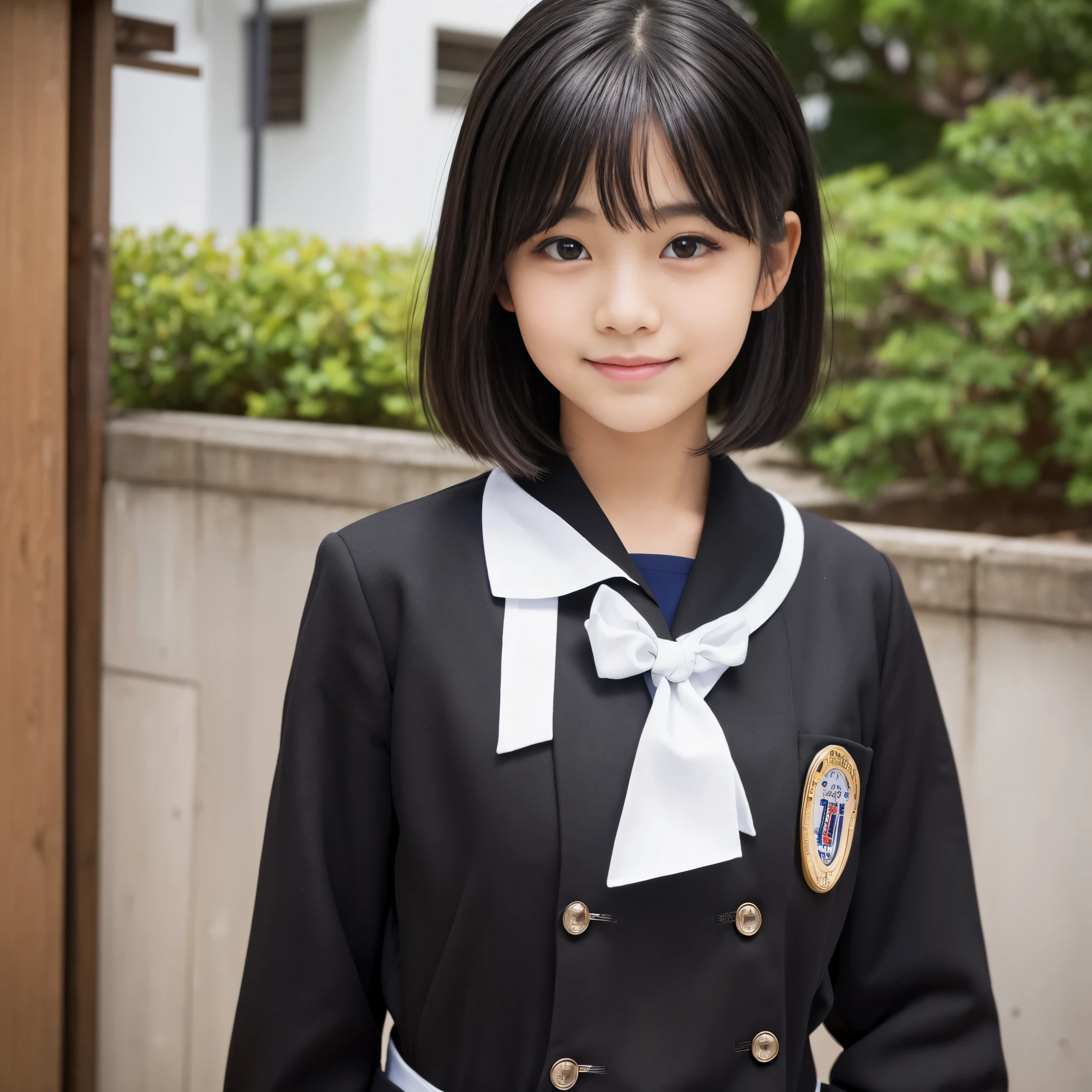 Best-quality, Masterpiece, Ultra-High-Resolution, (Photorealistic:1.4), Raw-Photo, 1girl, solo, 12-years-old, the most famous Japanese idol, (wearing Japanese-high-school-uniform), innocent smile, (extremely cute face like the most popular Japanese idol, (((extremely beautiful big-black-eyes))), extremely beautiful black-short-cut-haired), extremely beautiful long-eyelashes, extremely beautiful lips, extremely beautiful skins, detailed Japanese-high-school-uniform