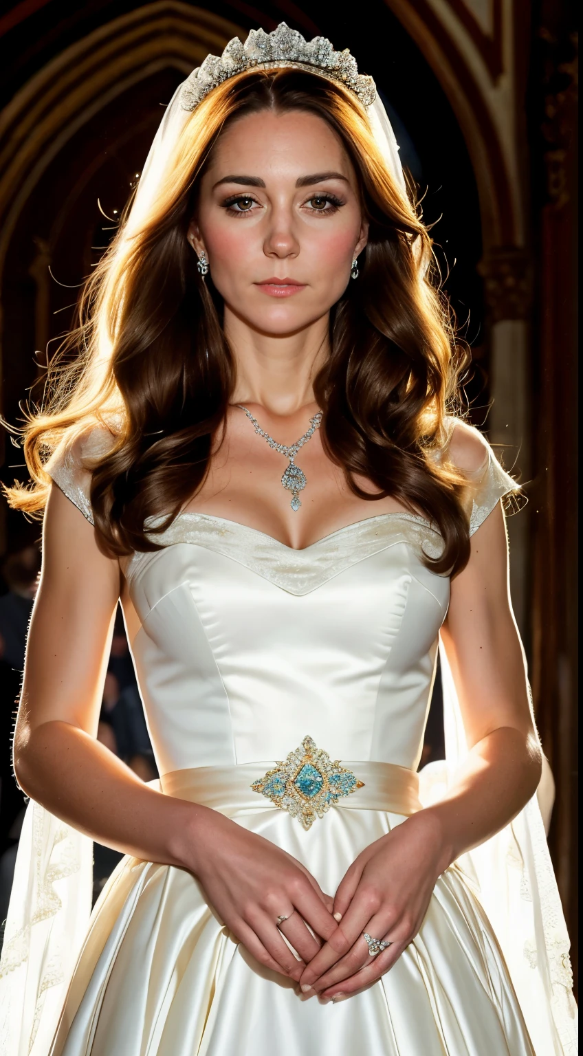 (best quality,4k,realistic:1.2), Kate Middleton, esoteric, magical full body, perfect face, detailed eyes, detailed lips, elegant posture, ethereal beauty, flowing dress, enchanting atmosphere, mysterious background, soft lighting, captivating gaze, alluring presence.