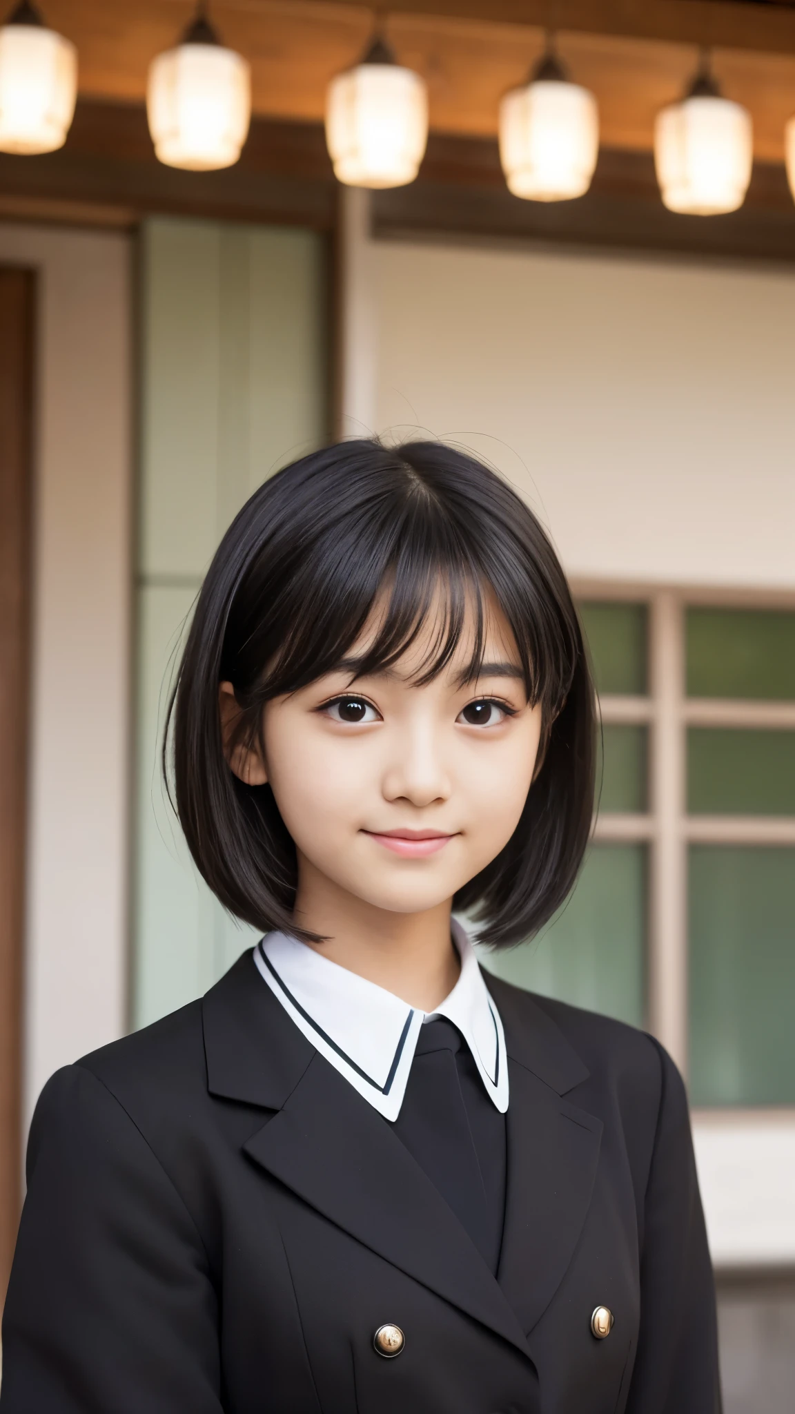 Best-quality, Masterpiece, Ultra-High-Resolution, (Photorealistic:1.4), Raw-Photo, 1girl, solo, 12-years-old, the most famous Japanese idol, (wearing Japanese-high-school-uniform), innocent smile, (extremely cute face like the most popular Japanese idol, (((extremely beautiful big-black-eyes))), extremely beautiful black-short-cut-haired), extremely beautiful long-eyelashes, extremely beautiful lips, extremely beautiful skins, detailed Japanese-high-school-uniform