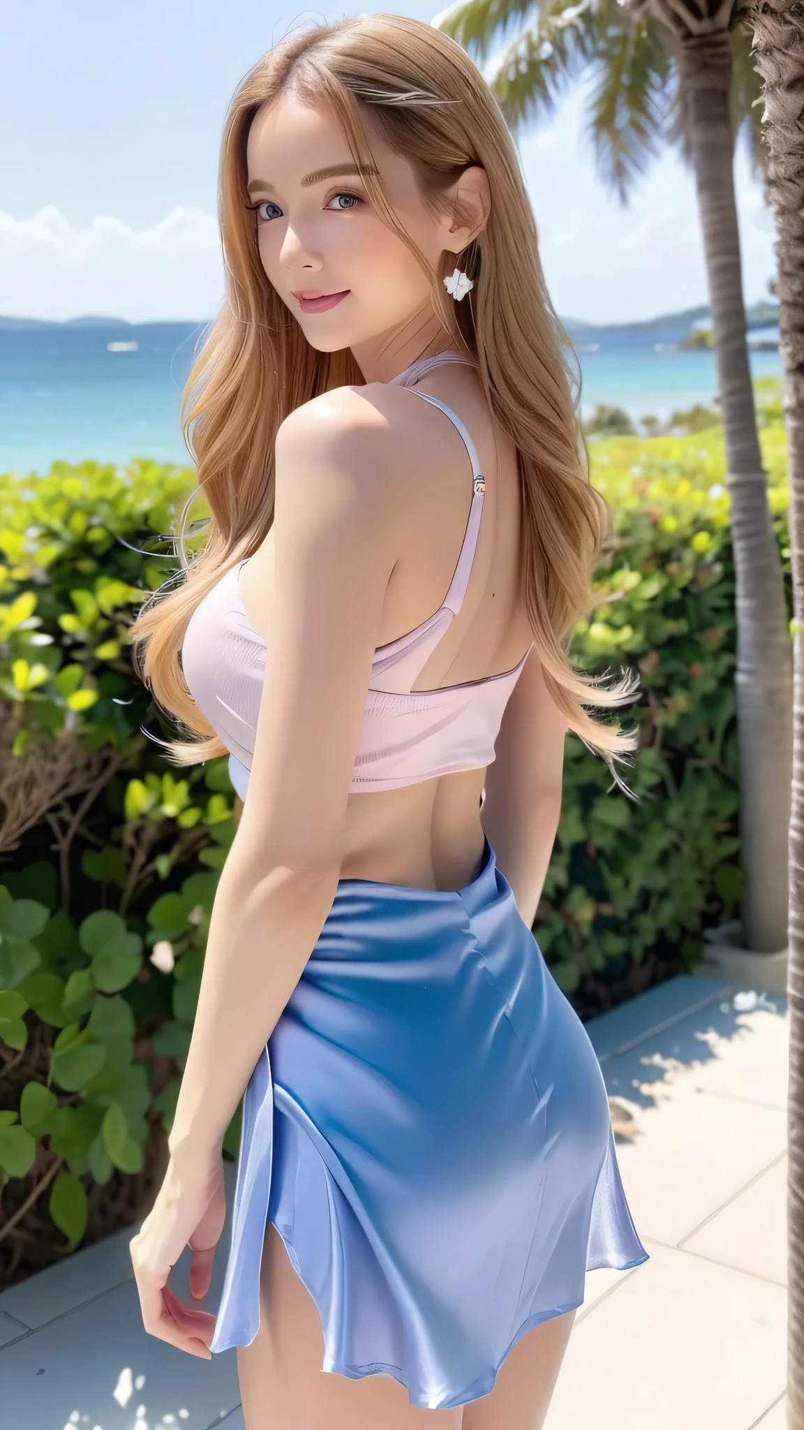 ((realistic lighting,best quality person,8K,master piece:1.3)),clear focus:1.2,1 girl,(full body figure:1.2), (nine heads and bodies:2.0), (thin thighs), (thin and long legs: 2.0), (pumps:1.2), Transparent white glossy skin, 25 years old, cute sexy little handsome face, thin face, pink lips, parted lips, ( Hair parted to one side:1.5), tall light, light blue eyes, sexy face, sexy cute young woman, Long natural blonde shiny hair, choker, ( silky blue sexy tops:1.3), (silky blue tight skirt :1.3), Blonde shiny light hair, natural wavy hair, (intricate details: 1.2), almond eye, (detailed face), Beautiful smile, My cheeks turned red, Medium chest, slender body shape, tight waist, small ass, (people)visible part of the thigh between the skirt of, beautiful hands, thin shoulders, look at the audience, Wind-blowing skirt, woman posing for a photo, standing facing forward, Composition that shows from above the knees to the head, The sea shining in the morning sun, tropical island々, Palm tree