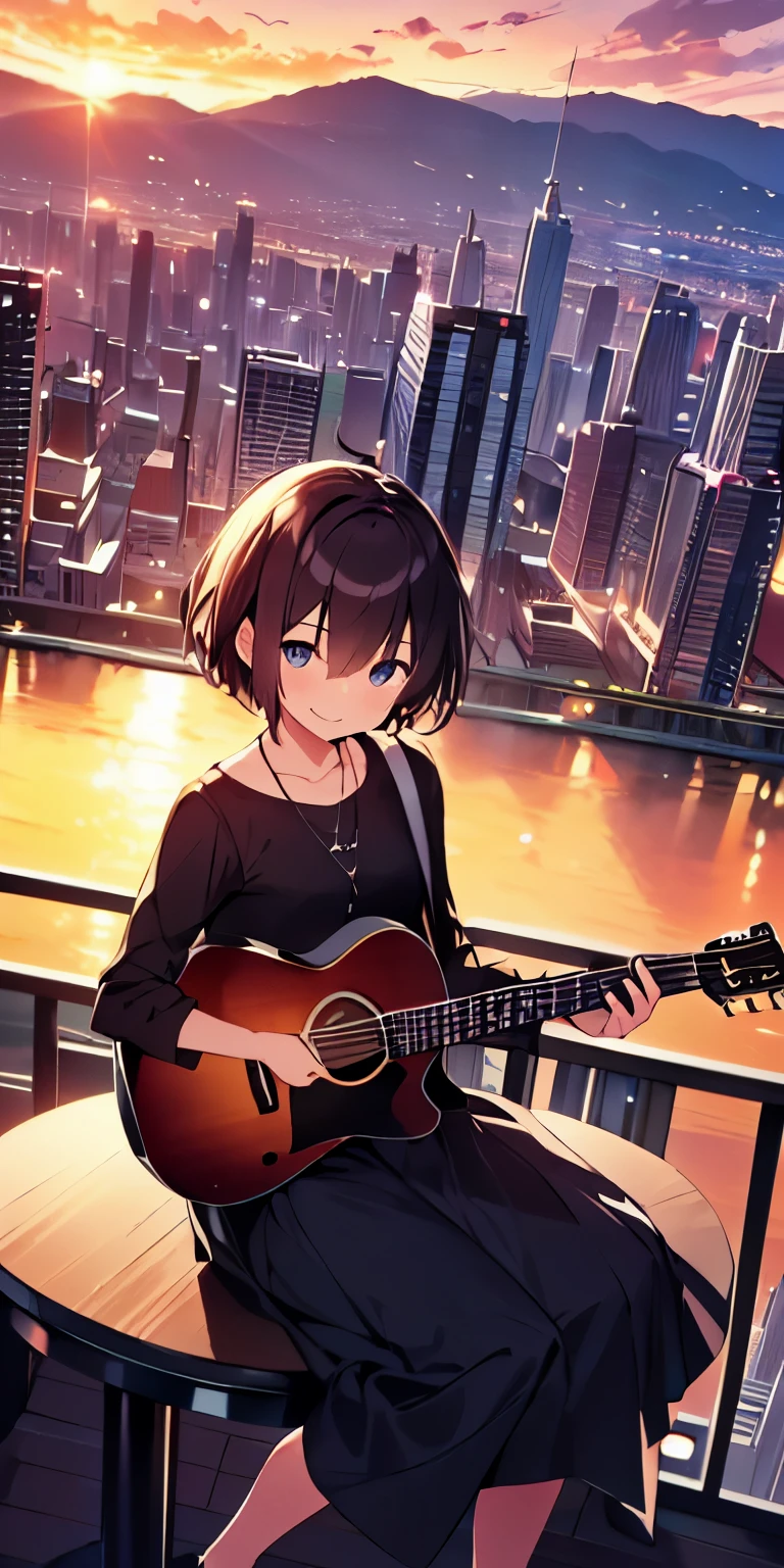 table top, highest quality,figure, wallpaper, ultra detail, absurd, 16 year old girl, alone, (medium short hair、play the guitar、Smile、Overlooking the city from the top of the hill、the sunset is beautiful