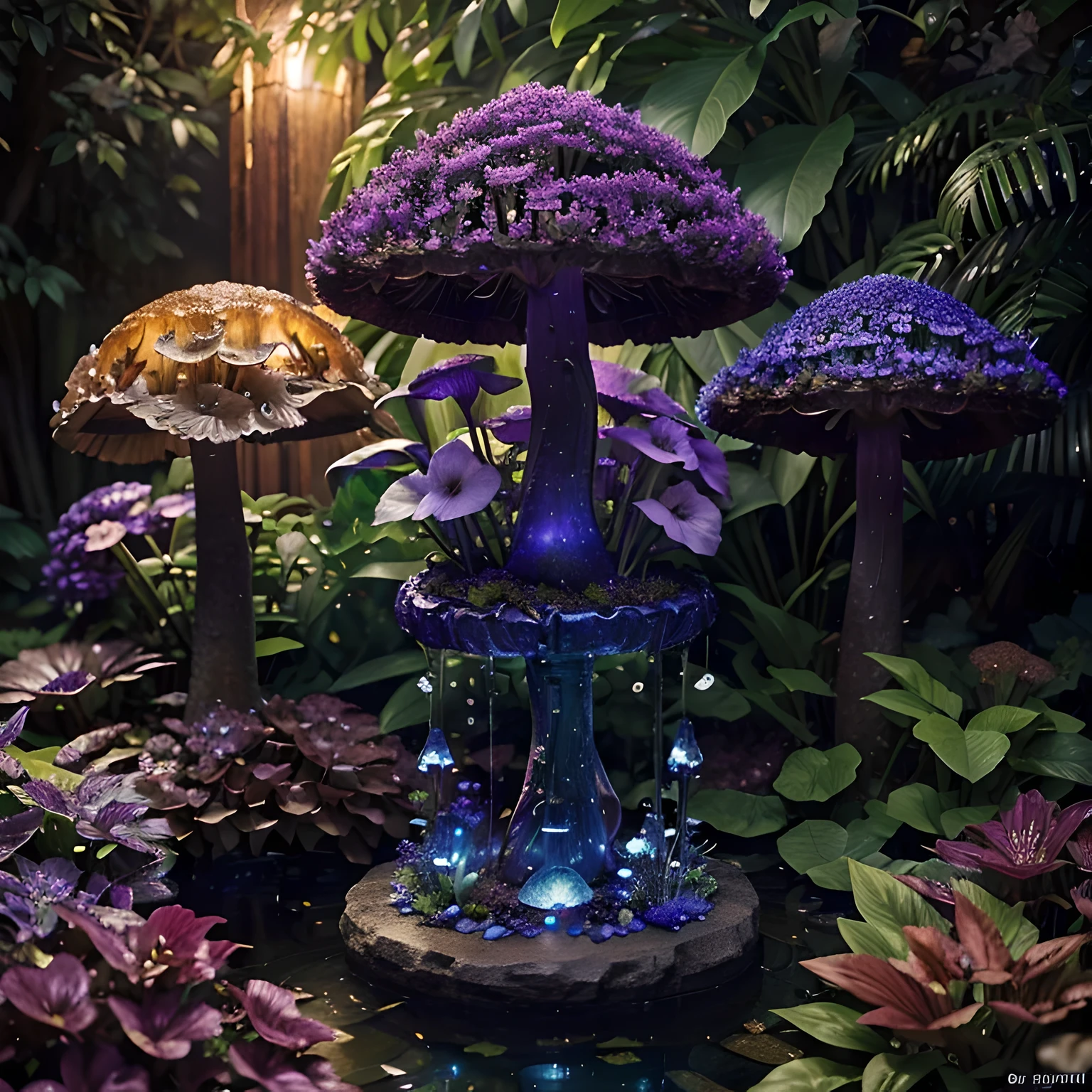 lush plantlife, real, detailed, 8k, high quality, an enchanting and dreamy scene of fantasy/alien forest, glowing mushrooms, creating a sense of mystique and enchantment, lots of blues and purples, garden, water, flowers, depth of field photorealist, crystals