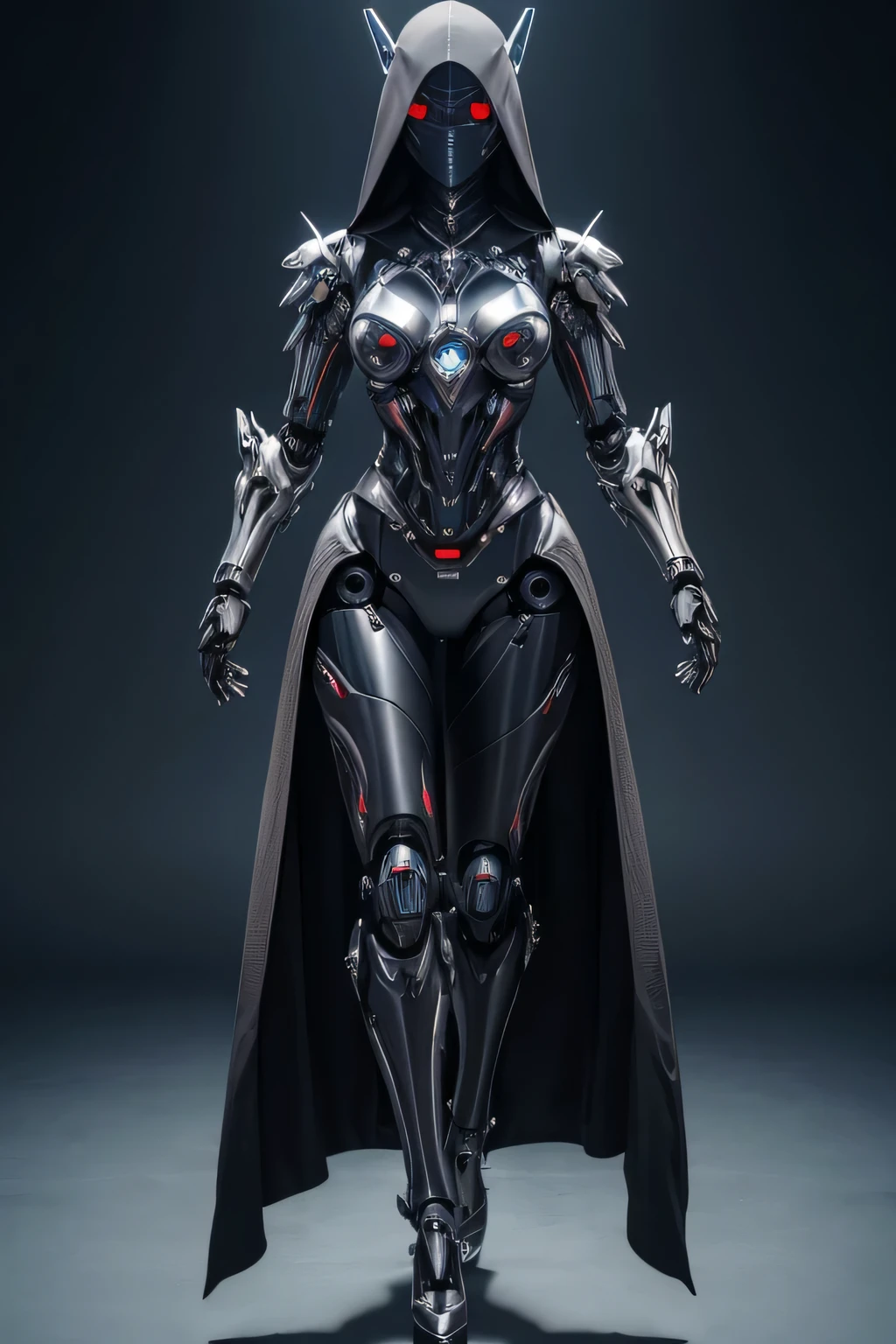 Evil female robot with face covered. can'can't see my eyes, nose, or mouth Machine body mechanical limbs High heeled feet, UHD, retina, masterpiece, Accurate, anatomically correct, rough skin, Super detailed, advanced details, high quality, Awards, 最high quality, High resolution