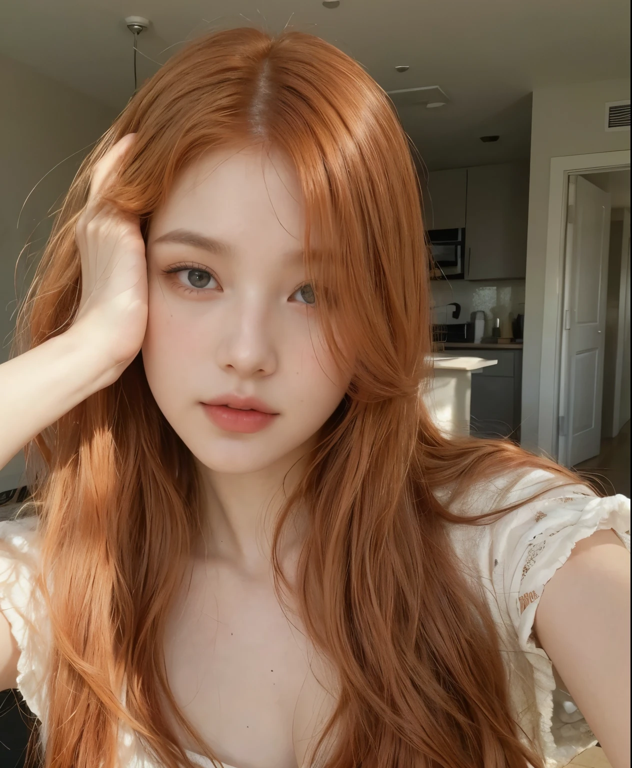 arafed woman with red hair and blue eyes posing for a picture, red hair and attractive features, she has long redorange hair, ginger hair with freckles, flowing ginger hair, she has long orange brown hair, red head, she is redhead, ginger hair, long glowing red hair, she has red hair, long loose red hair, amouranth, joy red velvet