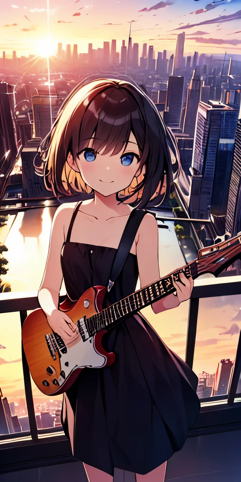 table top, highest quality,figure, wallpaper, ultra detail, absurd, 16 year old girl, alone, (medium short hair、play the guitar、Smile、Overlooking the city from the top of the hill、the sunset is beautiful