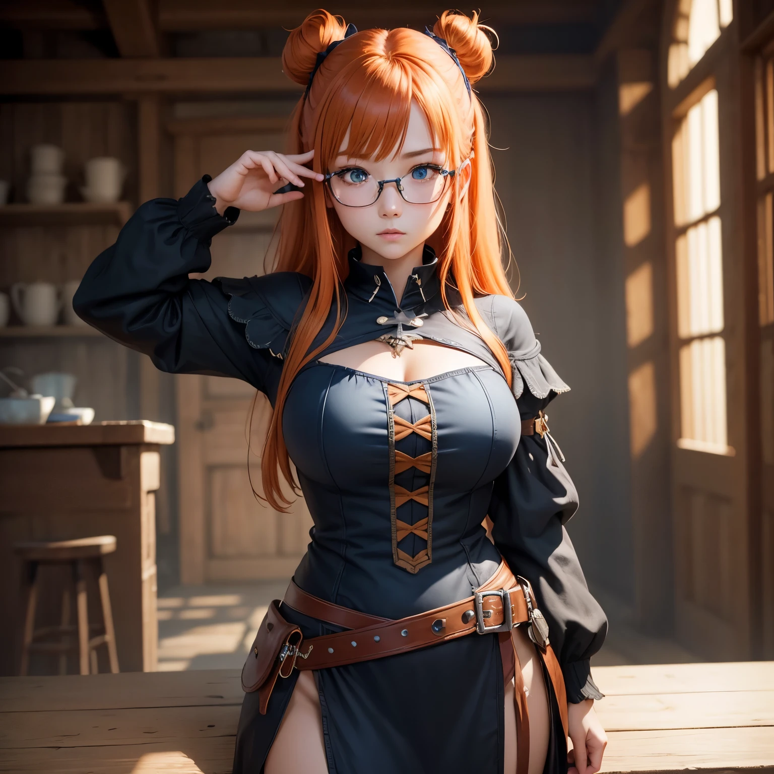 Adolescent, best quality, ultra detailed, redhead, yellow eyes, makima, electric saw man, anime, hair with braids, sexy corset, full body vision.