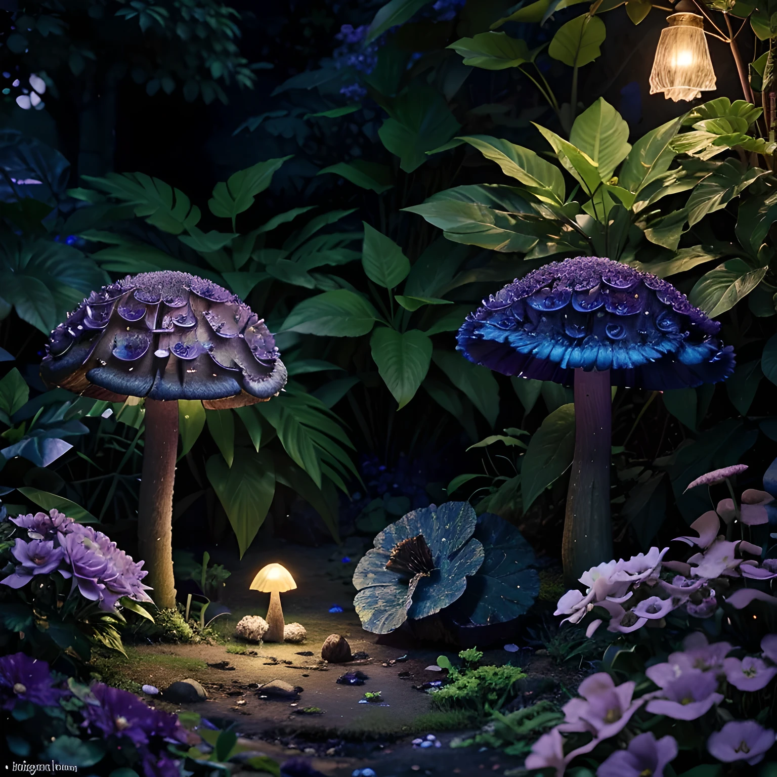 lush plantlife, real, detailed, 8k, high quality, an enchanting and dreamy scene of fantasy/alien forest, glowing mushrooms, creating a sense of mystique and enchantment, lots of blues and purples, garden, water, flowers, depth of field photorealist, crystals