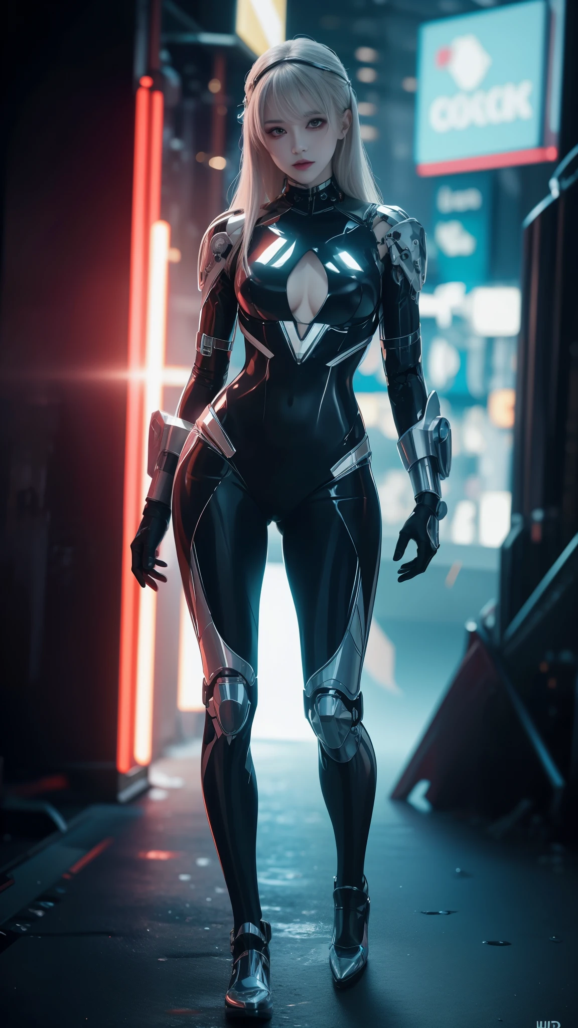 8K uhd, materpiece, a beautiful girl, detaild eye, good face, detaild eyebrow, cyberpunk outfit,green outfit, cyberpunk, Cyberspace, cyberpunk shining background, neon effect, Spreading lighting, red lighting, whole body capture,full body,yellow eyes,cyborg parts,robotic ,