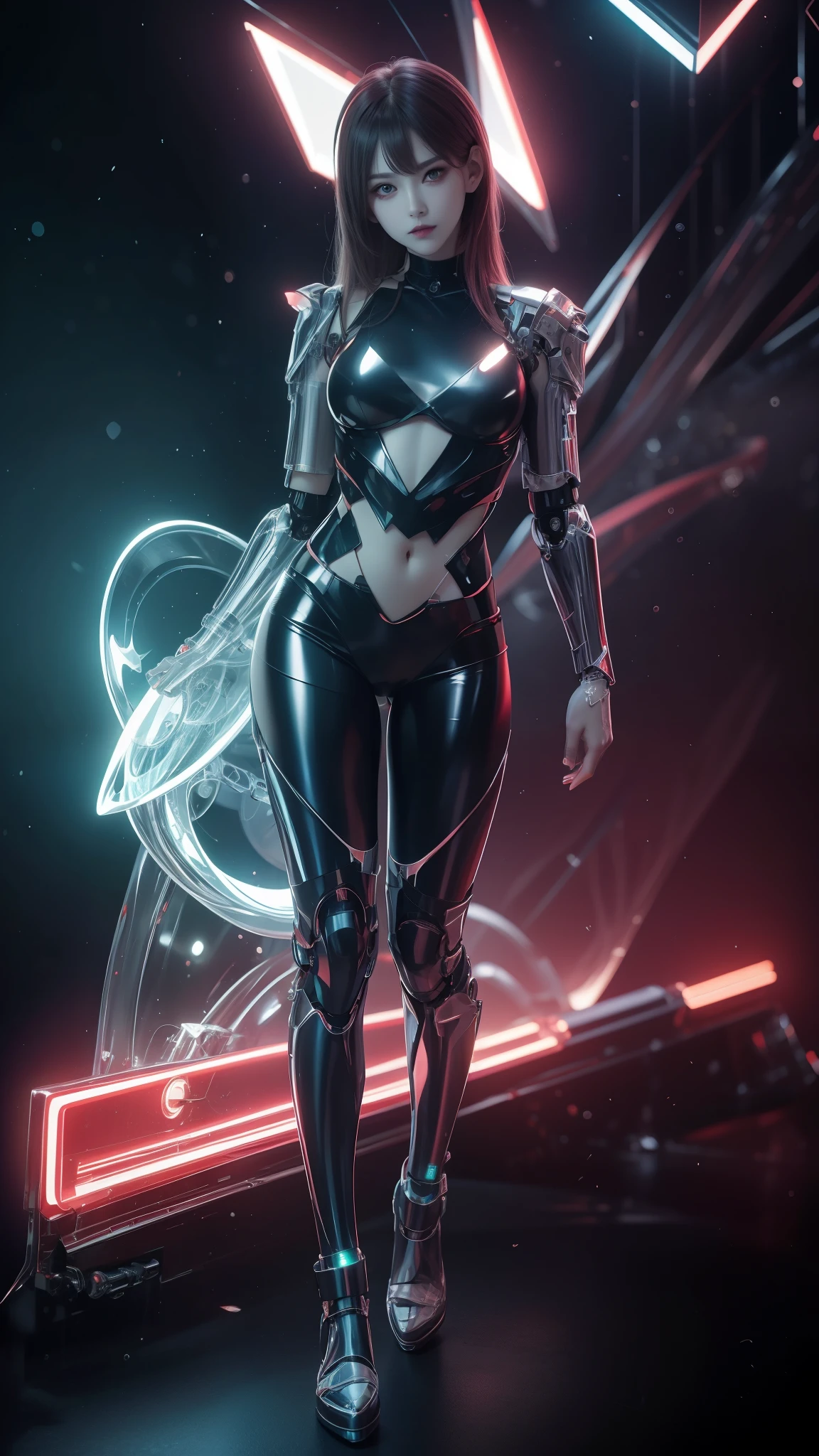 A sleek, futuristic female robot with a smooth metallic body, featuring shiny red and silver accents. The robot is posed dynamically, with one hand raised in a graceful gesture, surrounded by swirling droplets of liquid that resemble molten metal. The background is dark, highlighting the robot's glossy finish and the vibrant colors of the flowing liquid, creating a captivating contrast. The overall mood is dynamic and artistic, showcasing a blend of technology and elegance.