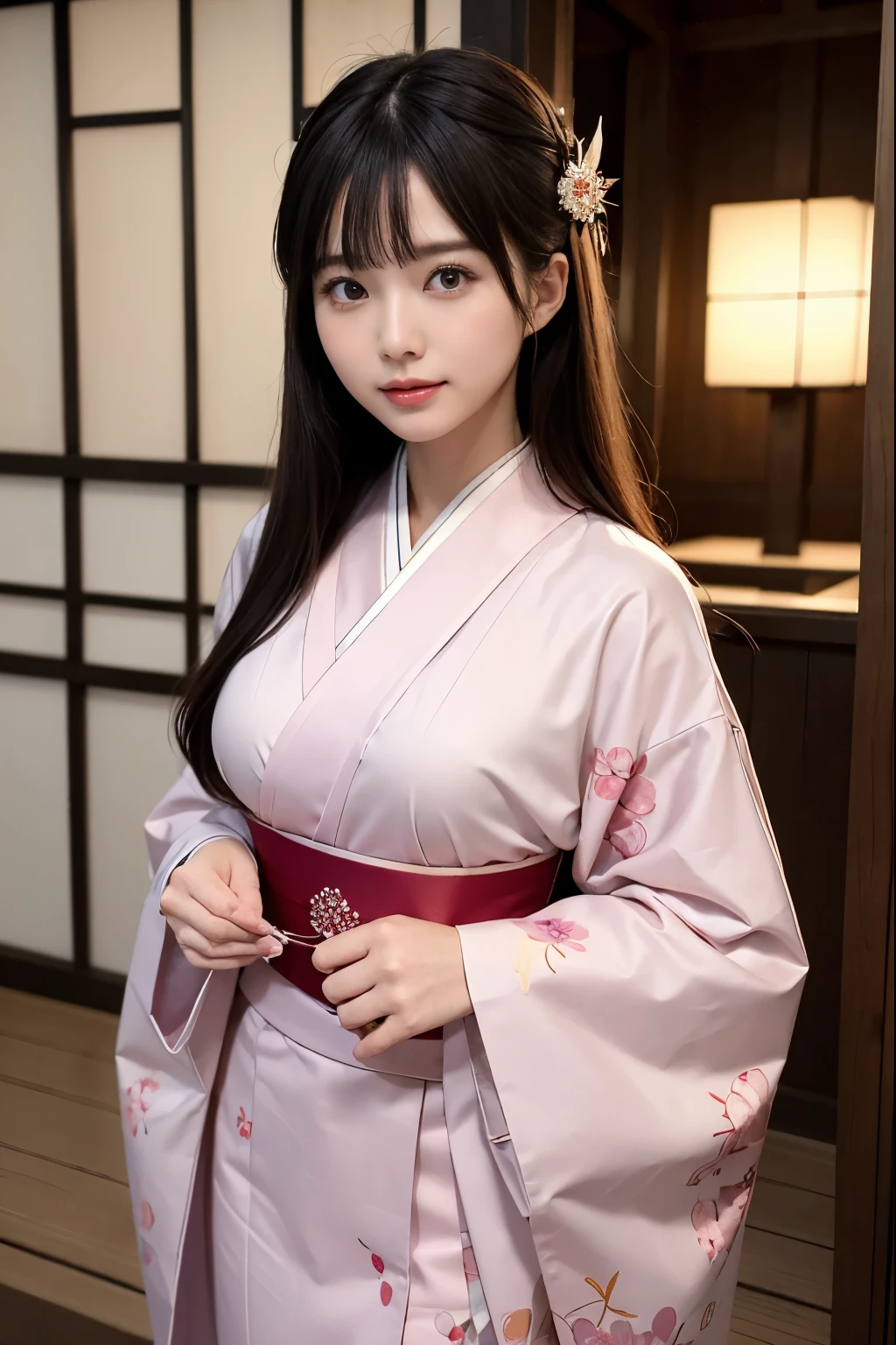 (super highest quality、In 8K、Masseter muscle part、delicate illustrations)、She is a very beautiful Japanese single woman.(Around 20 years old)、Odango hairstyle(with hair ornament)、perfect body shape、(Japanese luxury kimono 1.1)、Outside the shrine of Japan、J-cup bust、laughing