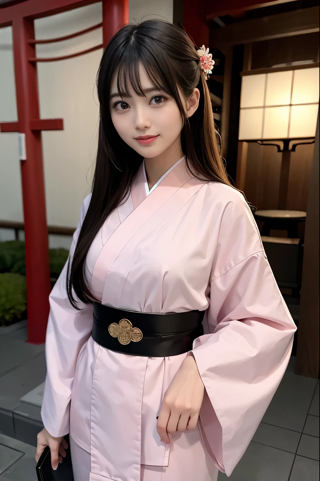 (super highest quality、In 8K、Masseter muscle part、delicate illustrations)、She is a very beautiful Japanese single woman.(Around 20 years old)、Odango hairstyle(with hair ornament)、perfect body shape、(Japanese luxury kimono 1.1)、Outside the shrine of Japan、J-cup bust、laughing