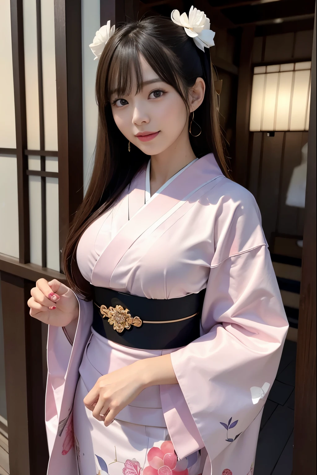 （super highest quality、In 8K、Masseter muscle part、delicate illustrations）、She is a very beautiful Japanese single woman.（Around 20 years old）、Odango hairstyle（with hair ornament）、perfect body shape、（Japanese luxury kimono 1.1）、Outside the shrine of Japan、J-cup bust、laughing