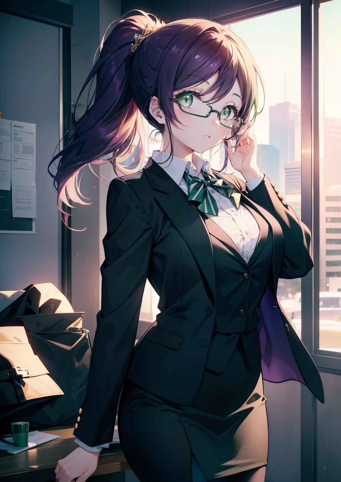 nozomitoujou, Nozomi always, (green eyes:1.5), purple hair, ponytail,big breasts , OL, red glasses, Fundo, black suit jacket, collared jacket, white dress shirt, collared shirt, neckline, button, black pencil skirt, black pantyhose, stiletto heels,business bag,morning,Light of the sun,
break indoors, In town,building street,
break (masterpiece:1.2), highest quality, High resolution, unity 8k wallpaper, (figure:0.8), (beautiful and fine eyes:1.6), highly detailed face, perfect lighting, Very detailed CG, (perfect hands, perfect anatomy),