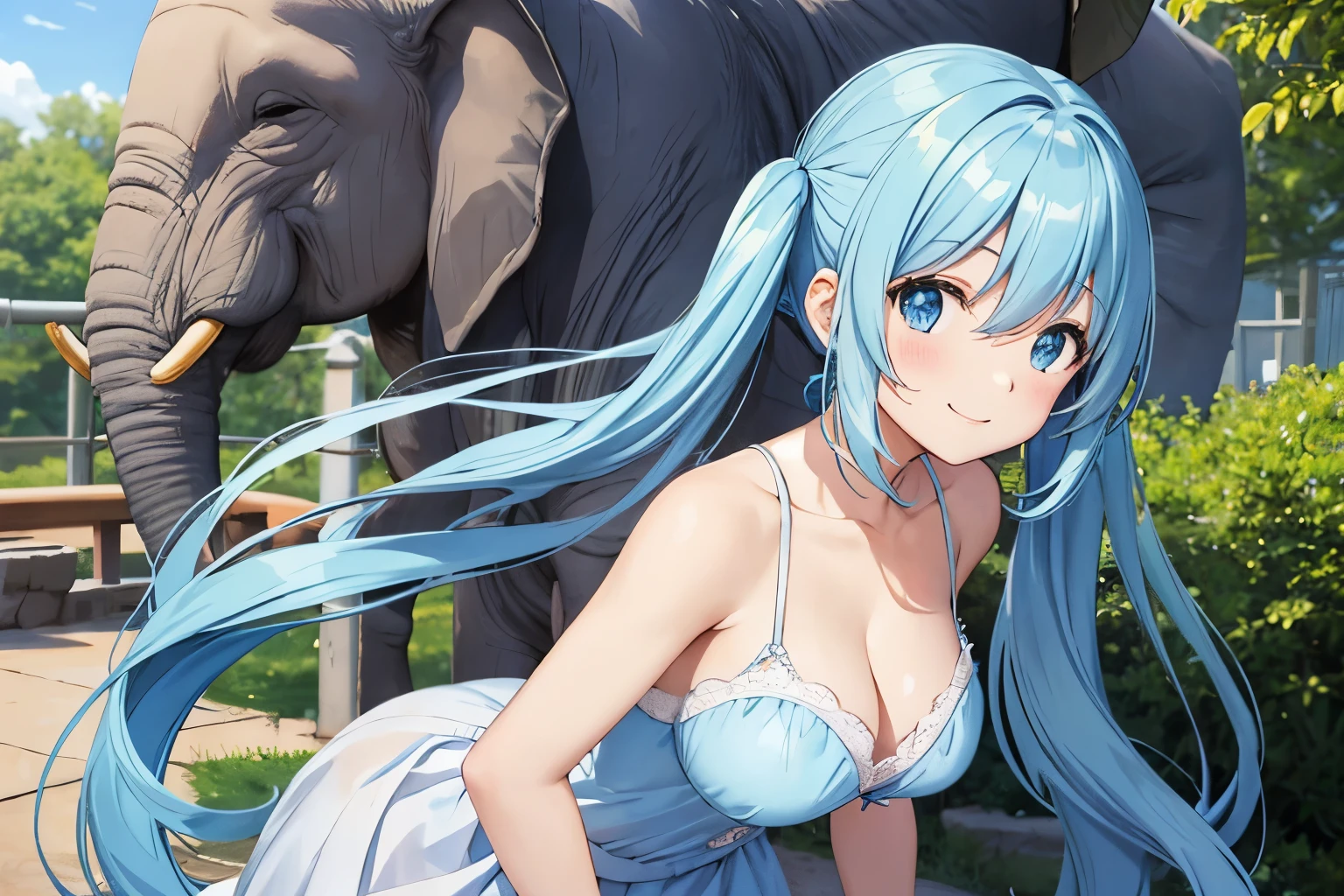 light blue long hair、Beautiful girl with twin tails、A happy smile、I&#39;m at the zoo、with a big elephant and a monkey！