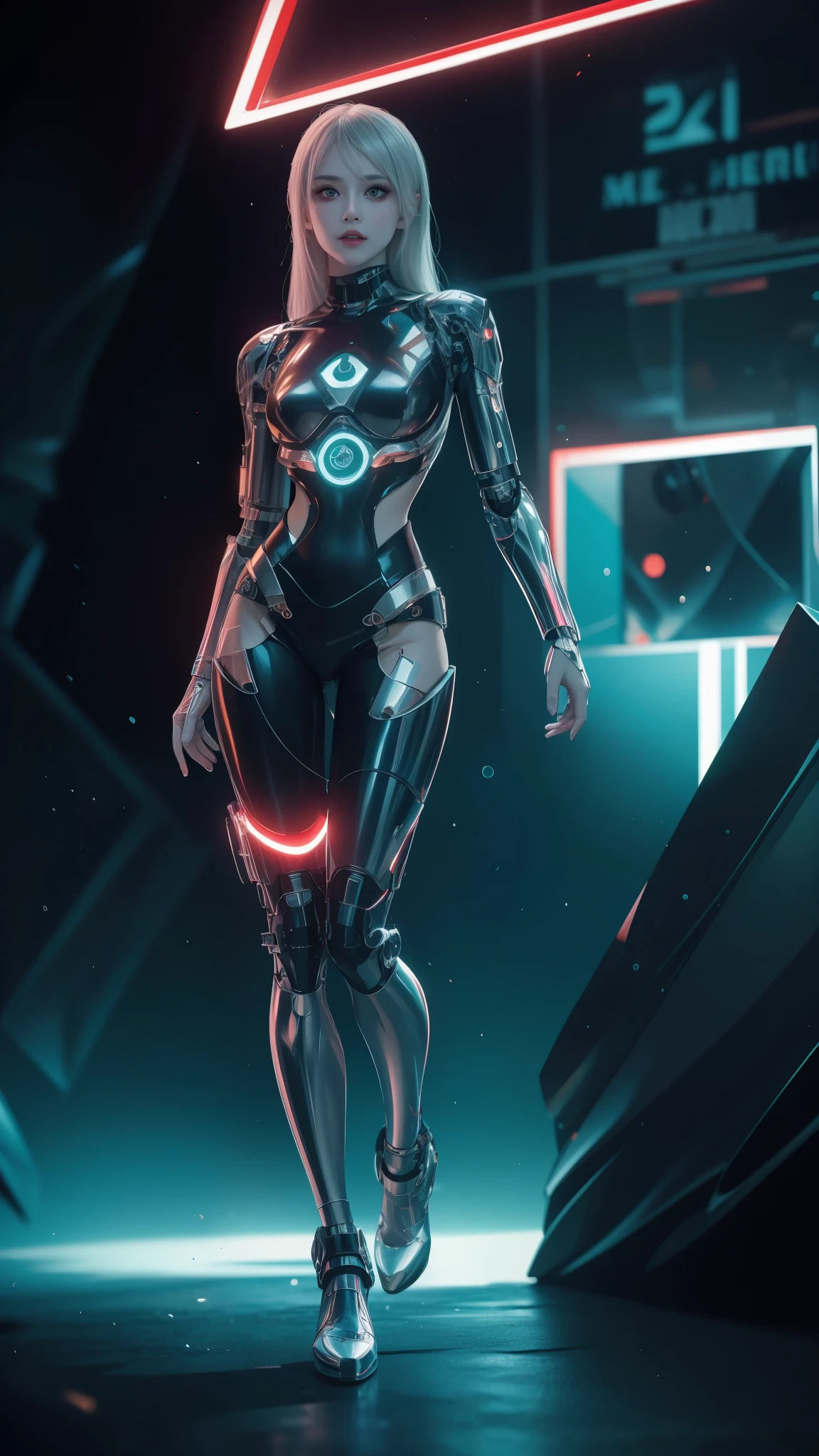 8K uhd, materpiece, a beautiful girl, detaild eye, good face, detaild eyebrow, cyberpunk outfit,green outfit, cyberpunk, Cyberspace, cyberpunk shining background, neon effect, Spreading lighting, red lighting, whole body capture,full body,yellow eyes,cyborg parts,robotic ,