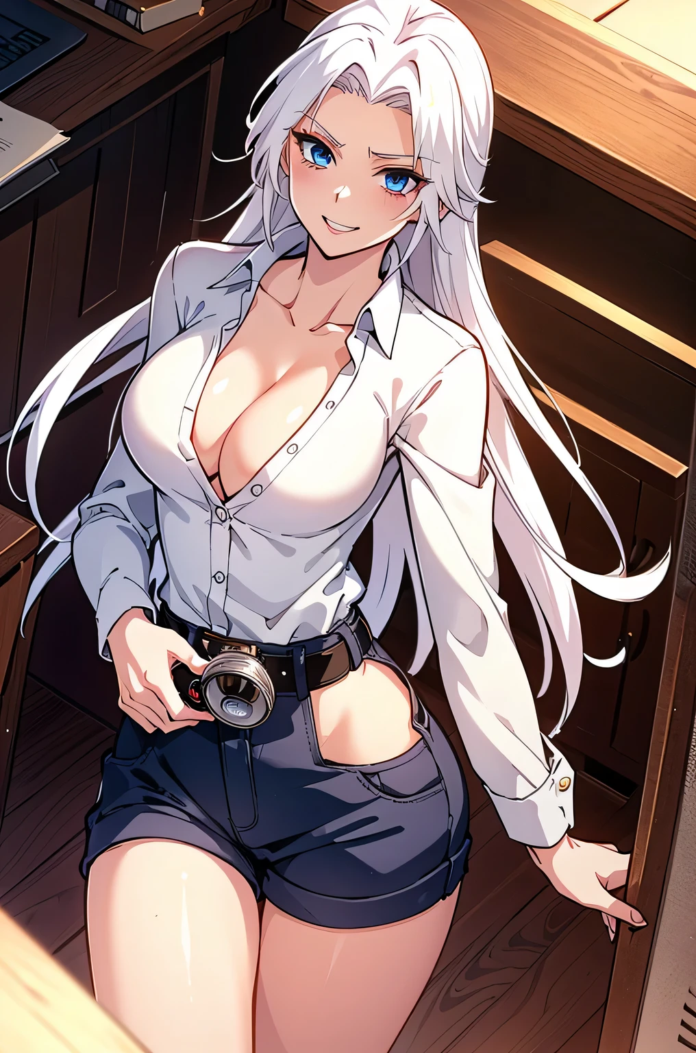 white hair,blue eyes,Sex, hooligan, waist, legsupms, buttocks, pectorals, Camera from above, Frame from above, the night, Lights, looks at the viewer, ssmile, grin, criminal, laughting, shirt unbuttoned, handsome body(Perfect Anatomy 1.1), medium chest size, bare breasts, madwoman, white shirt, black pant, Tucked-up trousers, red sneakers, vulgar, Erotica, half naked, beautiful breasts, waist, sexy body, hight resolution, 1girl, 独奏, hairlong, , dangerous,,Confident,superior, naughty, (power \(chainsaw man\),),, Cool anime 8K, Clean and detailed anime art, 4K Manga Wallpapers, Подробный портрет Anime Girl, Anime 4K Style, Anime Art Wallpapers 4K, Anime Art Wallpaper 4K Masterpiece, Gorgeous, Best Quality, unbuttoned shirt, cleavage
