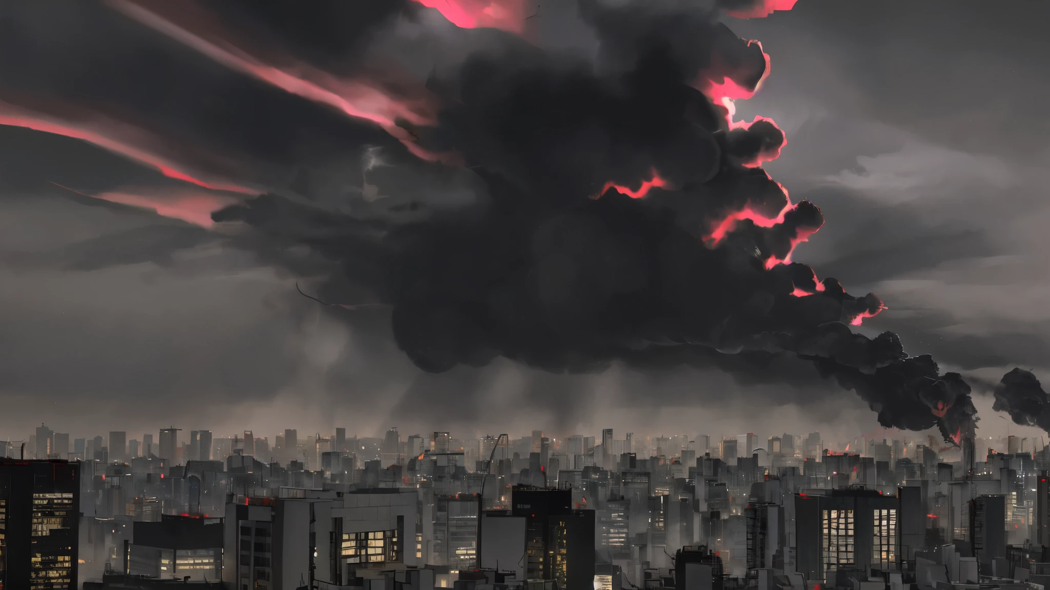anime style dark miasma engulfing tokyo, day time, half the city covered in dark miasma, other half in normal day, dark embient, post-apocalyptic, city covered in a dark mist, cloudy sky with lighting and thunder, civilians running in panic, cars flying into the sky, earthquake panic, view from street level, evangelion,