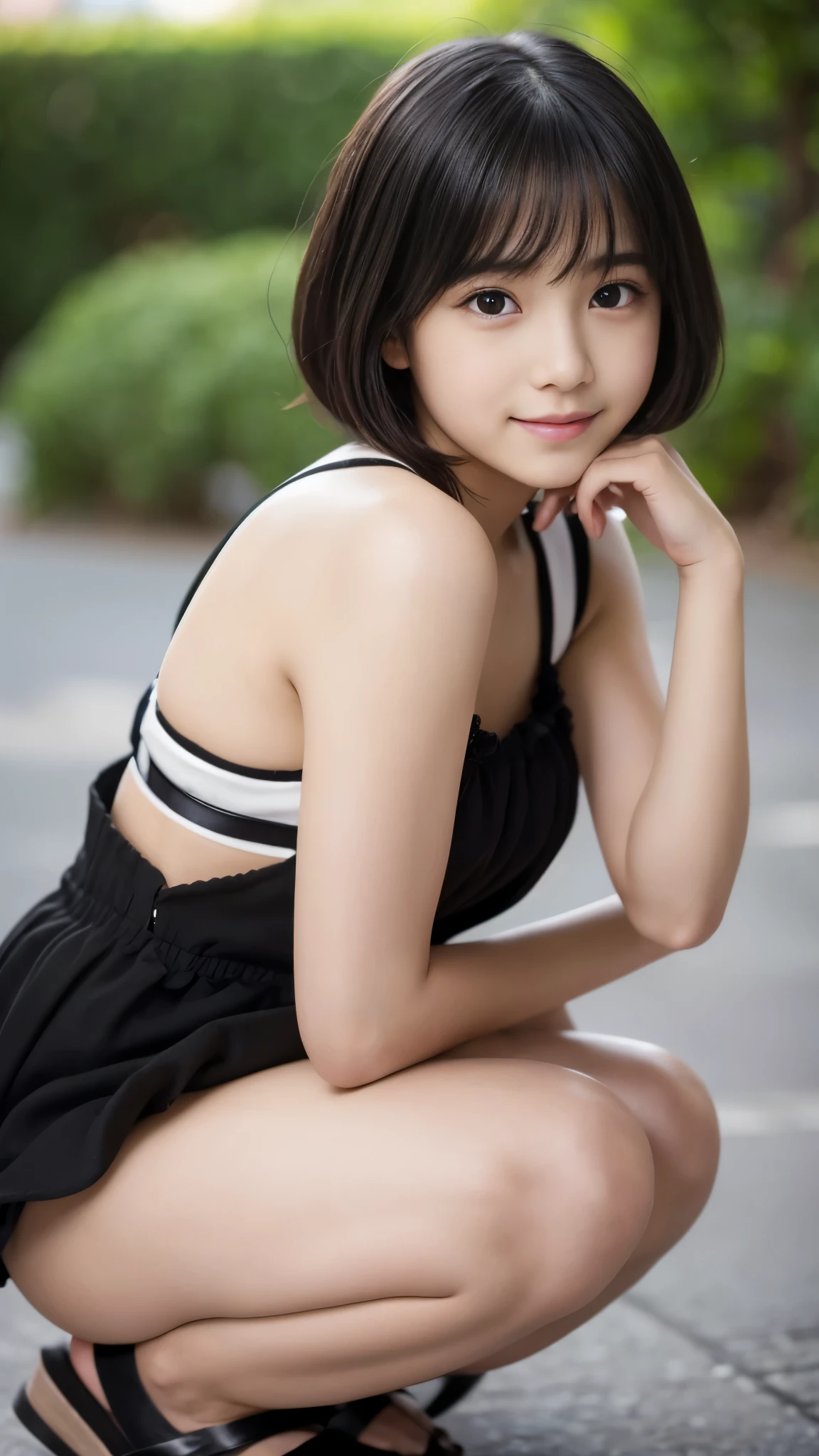 Best-quality, Masterpiece, Ultra-High-Resolution, (Photorealistic:1.4), Raw-Photo, 1girl, solo, -yeld, thost famous Japanese idol, squatting, innocent smile, (extremely cute face like the most popular Japanese idol, (((extremely beautiful big-black-eyes))), extremely beautiful black-short-cut-haired), extremely beautiful long-eyelashes, extremely beautiful lips, extremely beautiful skins, perfect-proportion, extremely beautiful thighs, extremely beautiful legs
