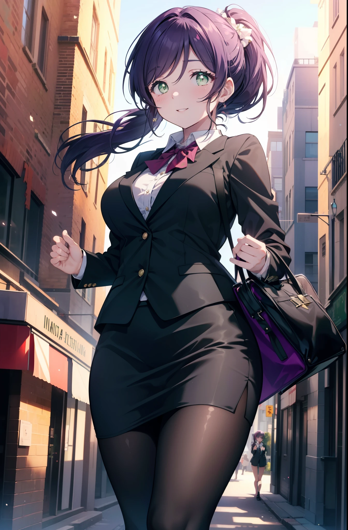 nozomitoujou, Nozomi always, (green eyes:1.5), purple hair, ponytail,big breasts , smile,OL, red glasses, Fundo, black suit jacket, collared jacket, white dress shirt, collared shirt, neckline, button, black pencil skirt, black pantyhose, stiletto heels,business bag,morning,Light of the sun,whole body,peek from below,
break outdoors, In town,building street,
break (masterpiece:1.2), highest quality, High resolution, unity 8k wallpaper, (figure:0.8), (beautiful and fine eyes:1.6), highly detailed face, perfect lighting, Very detailed CG, (perfect hands, perfect anatomy),