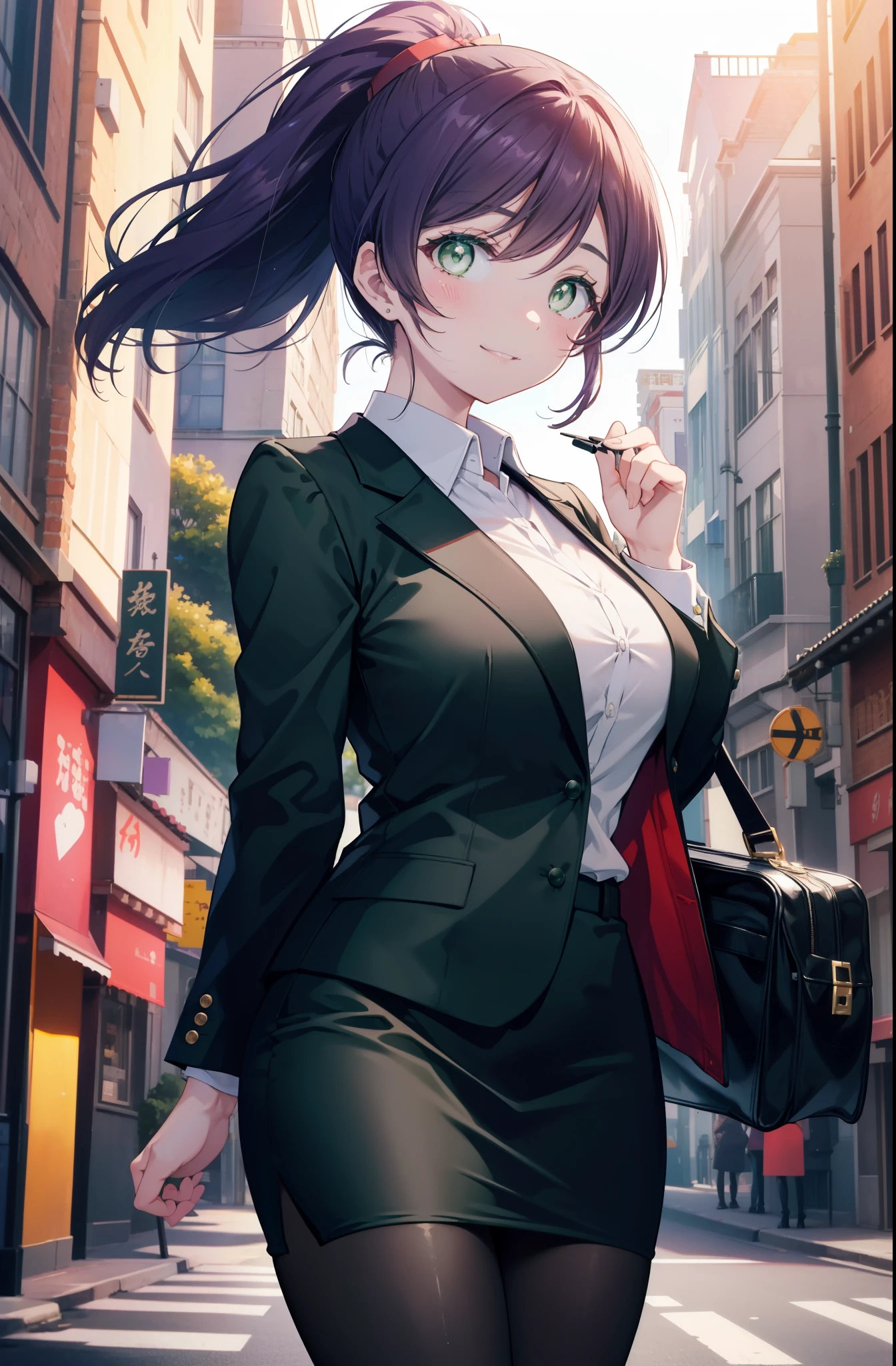 nozomitoujou, Nozomi always, (green eyes:1.5), purple hair, ponytail,big breasts , smile,OL, red glasses, Fundo, black suit jacket, collared jacket, white dress shirt, collared shirt, neckline, button, black pencil skirt, black pantyhose, stiletto heels,business bag,morning,Light of the sun,whole body,peek from below,
break outdoors, In town,building street,
break (masterpiece:1.2), highest quality, High resolution, unity 8k wallpaper, (figure:0.8), (beautiful and fine eyes:1.6), highly detailed face, perfect lighting, Very detailed CG, (perfect hands, perfect anatomy),