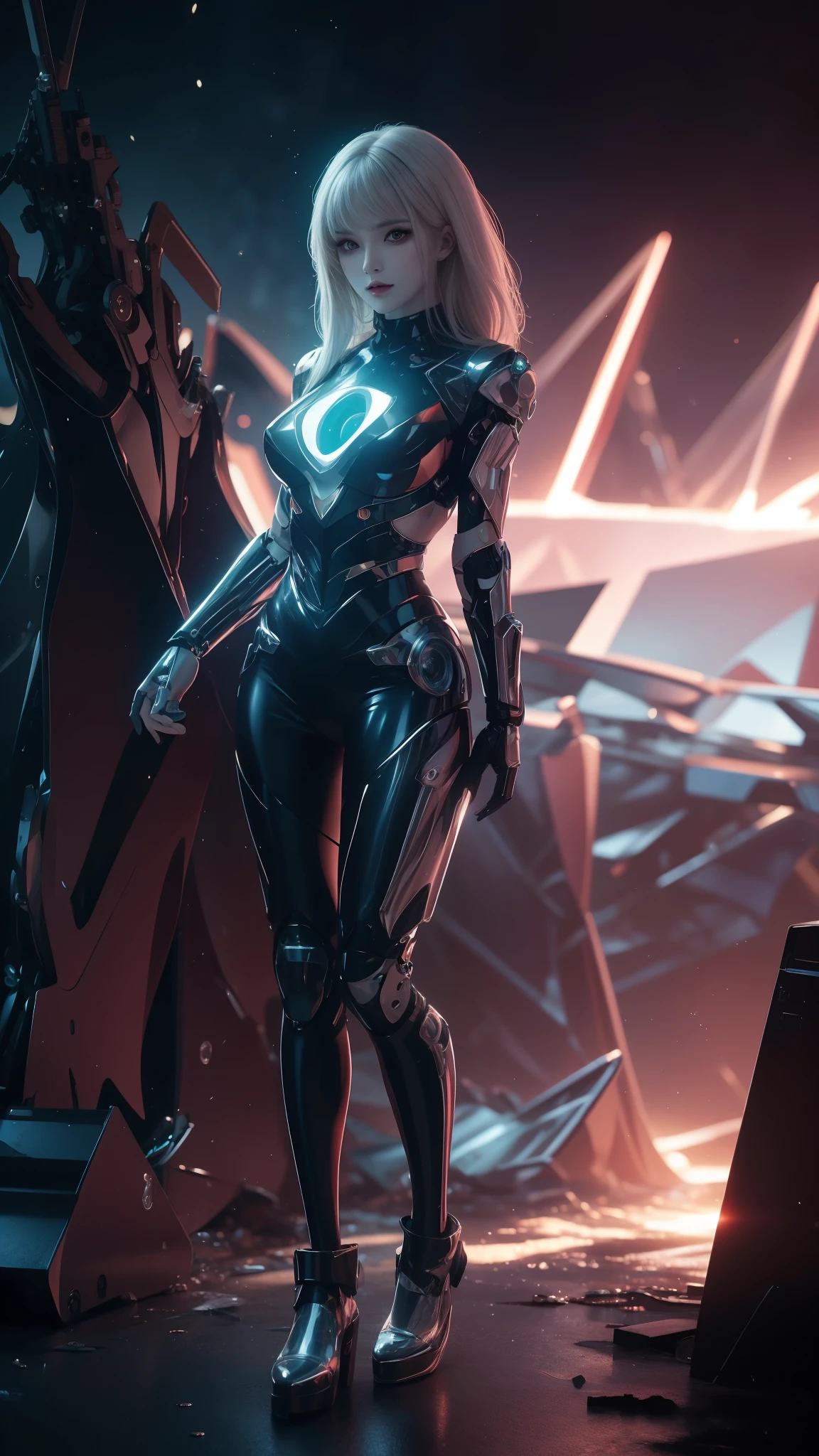 8K uhd, materpiece, a beautiful girl, detaild eye, good face, detaild eyebrow, cyberpunk outfit,green outfit, cyberpunk, Cyberspace, cyberpunk shining background, neon effect, Spreading lighting, red lighting, whole body capture,full body,yellow eyes,cyborg parts,robotic ,