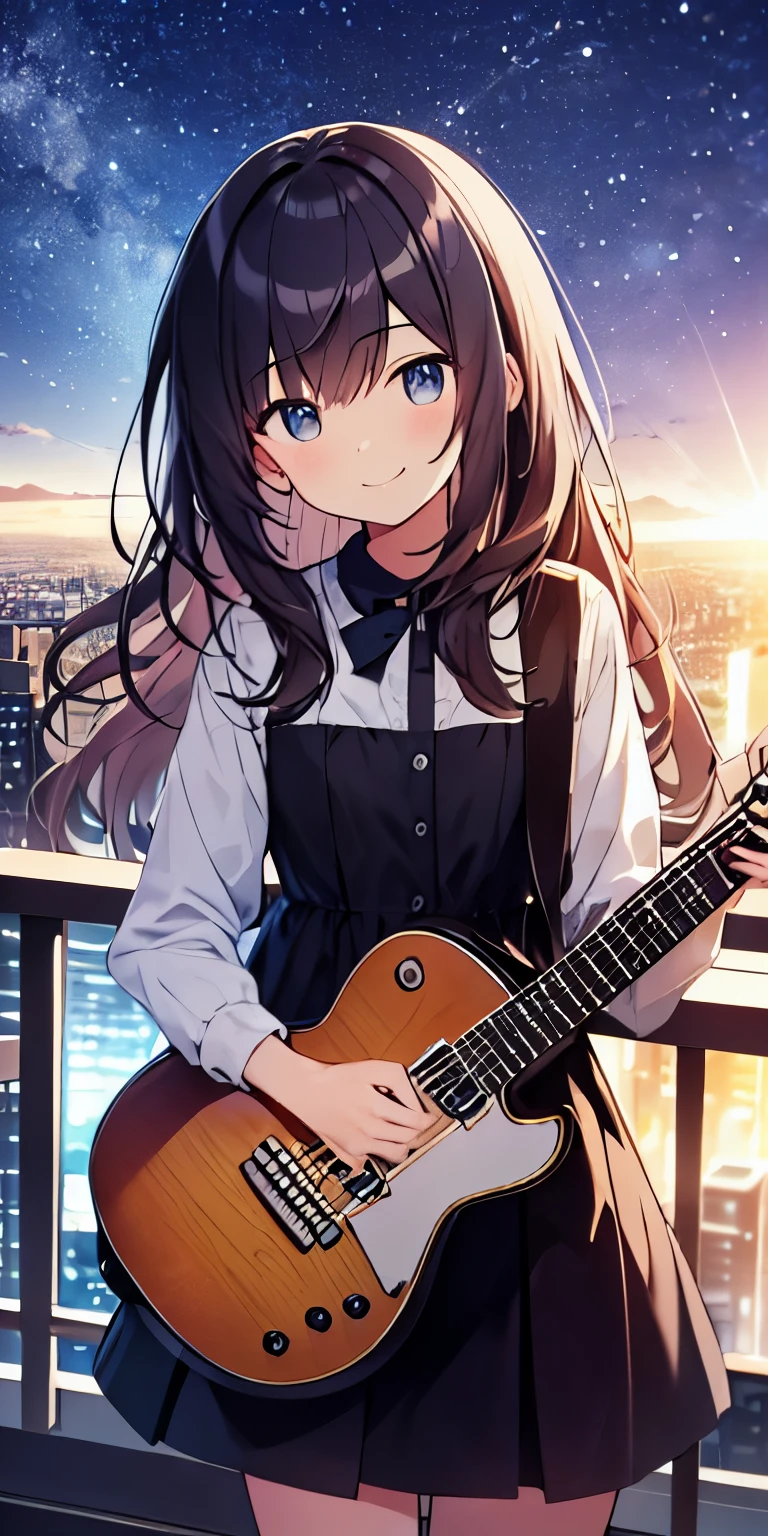 table top, highest quality,figure, wallpaper, ultra detail, absurd, 16 year old girl, alone, (Medium Wavy Hair、play the guitar、Smile、Overlooking the city from the top of the hill、The starry sky at night is beautiful.