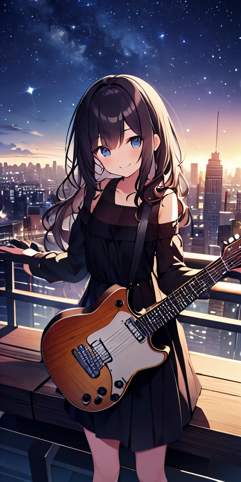 table top, highest quality,figure, wallpaper, ultra detail, absurd, 16 year old girl, alone, (Medium Wavy Hair、play the guitar、Smile、Overlooking the city from the top of the hill、The starry sky at night is beautiful.