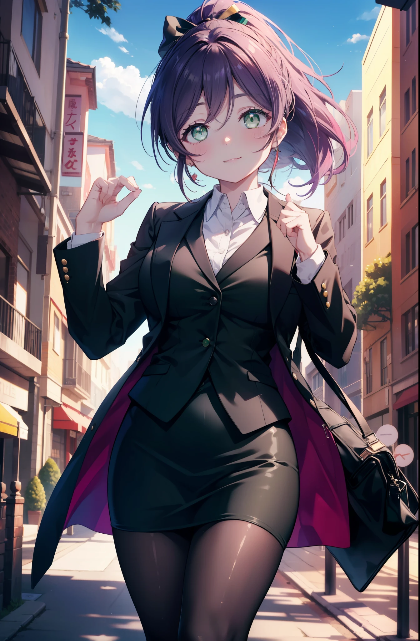 nozomitoujou, Nozomi always, (green eyes:1.5), purple hair, ponytail,big breasts , smile,OL, red glasses, Fundo, black suit jacket, collared jacket, white dress shirt, collared shirt, neckline, button, black pencil skirt, black pantyhose, stiletto heels,business bag,morning,Light of the sun,whole body,peek from below,
break outdoors, In town,building street,
break (masterpiece:1.2), highest quality, High resolution, unity 8k wallpaper, (figure:0.8), (beautiful and fine eyes:1.6), highly detailed face, perfect lighting, Very detailed CG, (perfect hands, perfect anatomy),