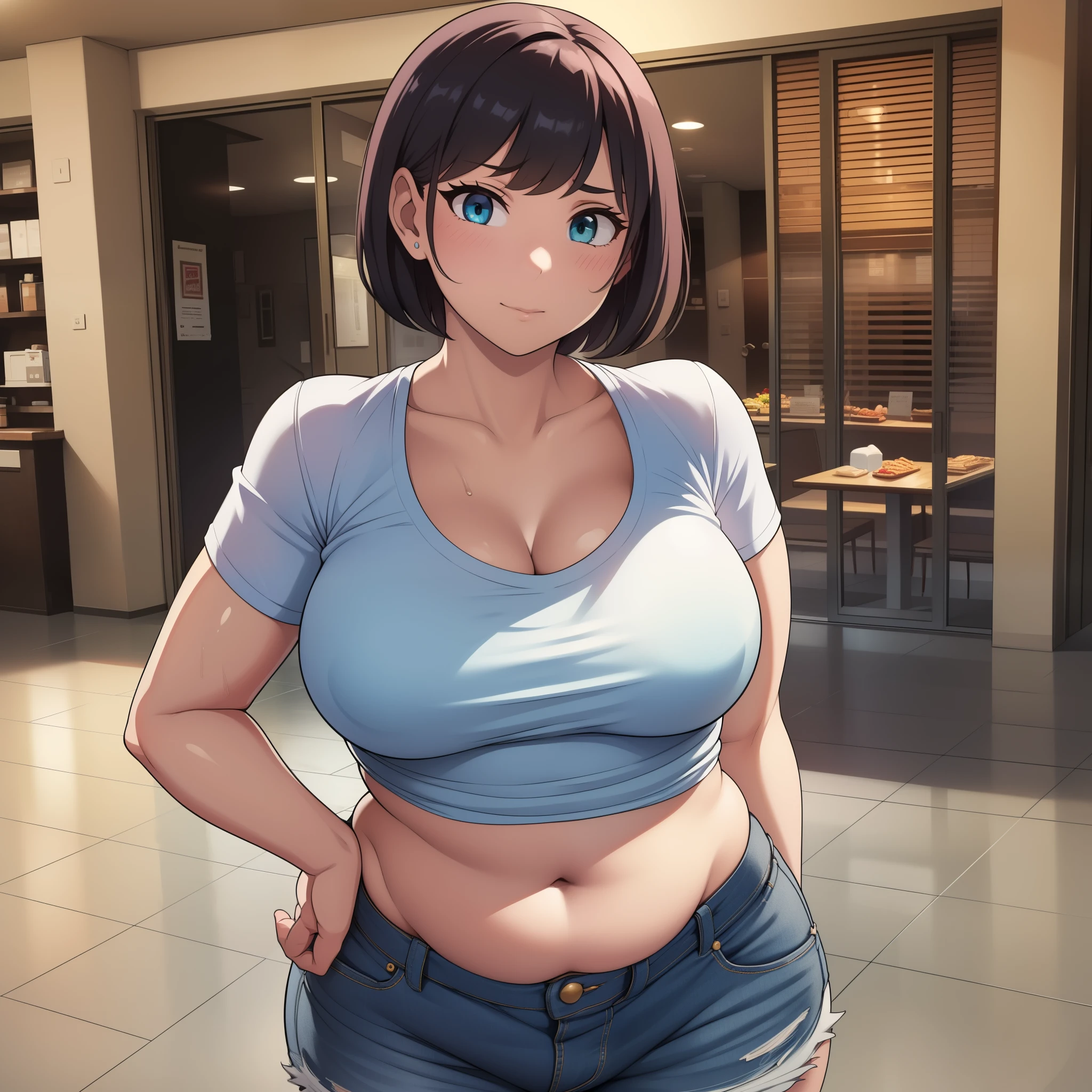 ((highres)), Masterpiece, high quality, best quality, beautiful, perfect lighting, detailed face, ultra cute face, ((3girls)), one girl has blonde hair, blue eyes, crop top and shorts, one girl has brown hair, green eyes, jeans, white shirt, tight clothes, one girl has, Short black hair, brown eyes, crop top and shorts, fast food restaurant, medium breasts, cleavage, ((wide hips)), (thick thighs), ((chubby)), chubby belly, fat folds, she has a jiggly belly, standing, group photo, 