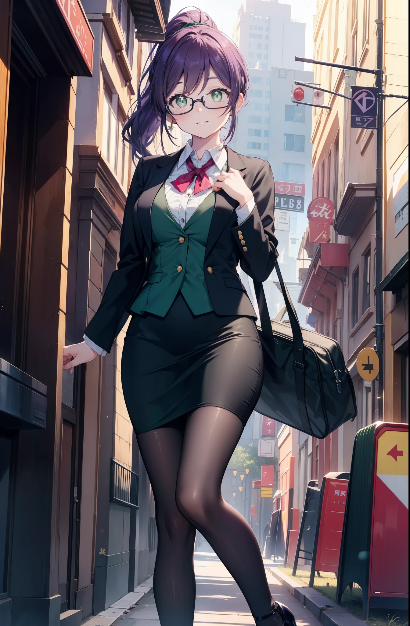 nozomitoujou, Nozomi always, (green eyes:1.5), purple hair, ponytail,big breasts , smile,OL, red glasses, Fundo, black suit jacket, collared jacket, white dress shirt, collared shirt, neckline, button, black pencil skirt, black pantyhose, stiletto heels,business bag,morning,Light of the sun,whole body,peek from below,
break outdoors, In town,building street,
break (masterpiece:1.2), highest quality, High resolution, unity 8k wallpaper, (figure:0.8), (beautiful and fine eyes:1.6), highly detailed face, perfect lighting, Very detailed CG, (perfect hands, perfect anatomy),