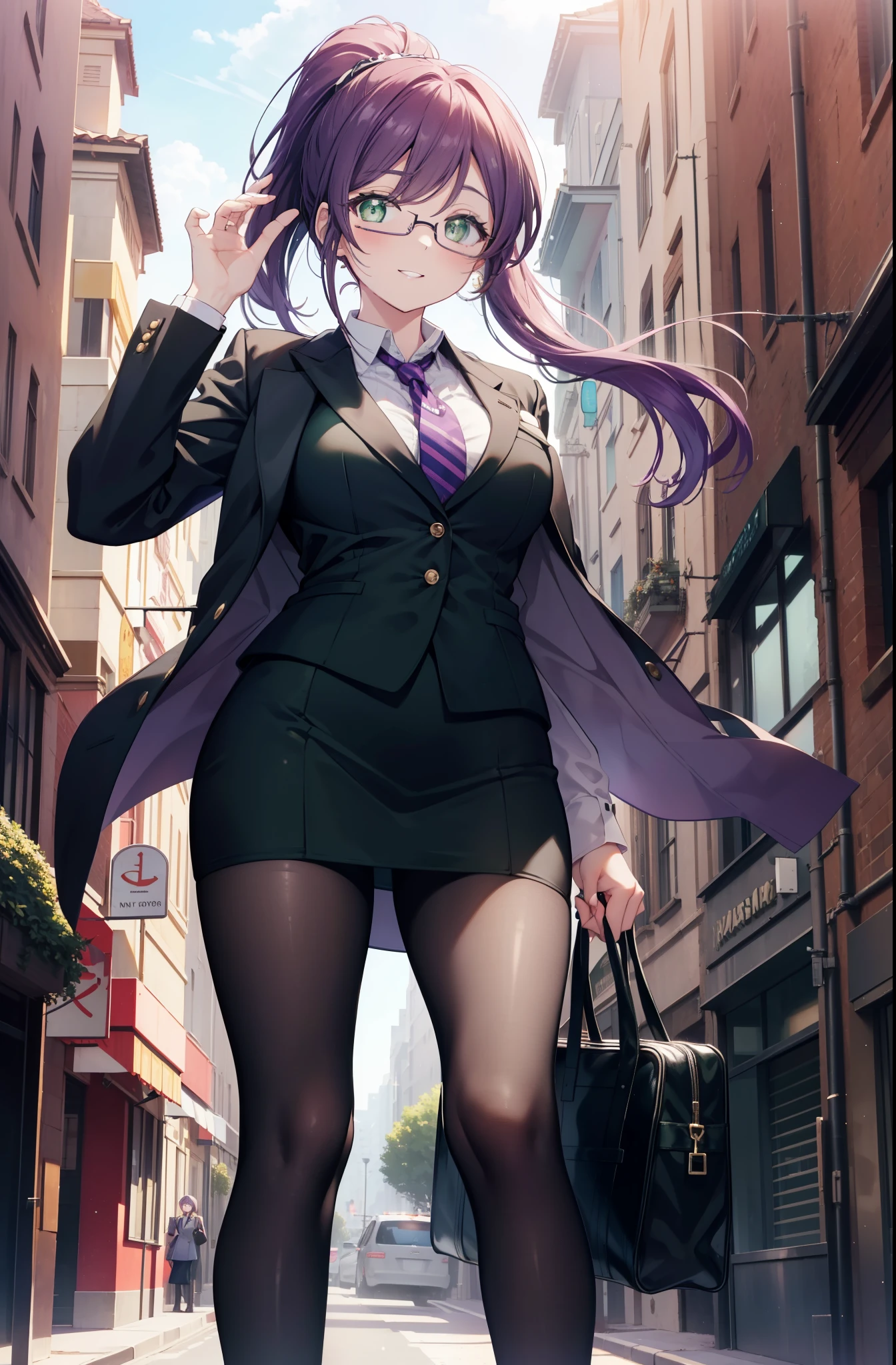 nozomitoujou, Nozomi always, (green eyes:1.5), purple hair, ponytail,big breasts , smile,OL, red glasses, Fundo, black suit jacket, collared jacket, white dress shirt, collared shirt, neckline, button, black pencil skirt, black pantyhose, stiletto heels,business bag,morning,Light of the sun,whole body,peek from below,
break outdoors, In town,building street,
break (masterpiece:1.2), highest quality, High resolution, unity 8k wallpaper, (figure:0.8), (beautiful and fine eyes:1.6), highly detailed face, perfect lighting, Very detailed CG, (perfect hands, perfect anatomy),