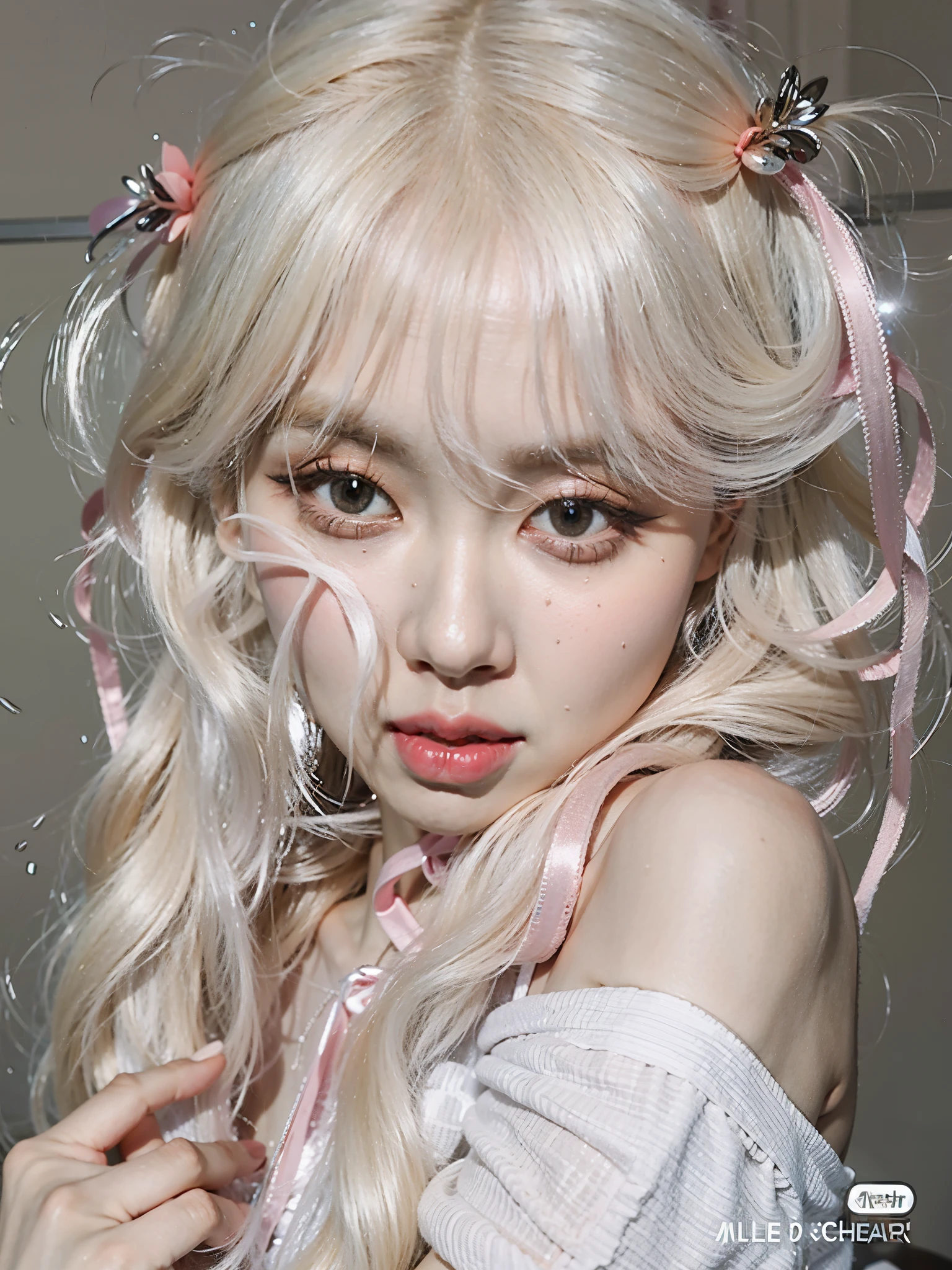 chica de cabello rubio con ojos rosados y una cinta rosa alrededor de su cabeza, retrato realista kawaii, kawaii espeluznante, bella delfina, dulce conejita ultrarrealista, pelo rubio con coletas, extremely pale blonde hair, young pale ghost, ulzzang, pelo largo y rubio y ojos grandes, jointed doll, pale milky white porcelain skin, mirada aterradora, pale porcelain white skin